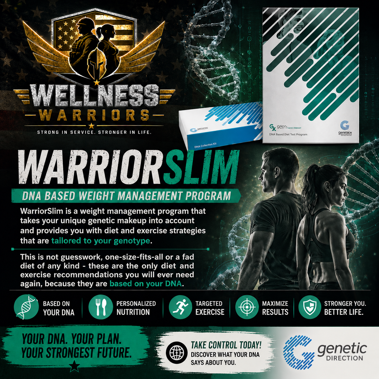 A promotional poster for WarriorSlim, a DNA-based weight management program, featuring DNA helix graphics, DNA test kits, and a man and woman in athletic poses with a dark galaxy-style background.