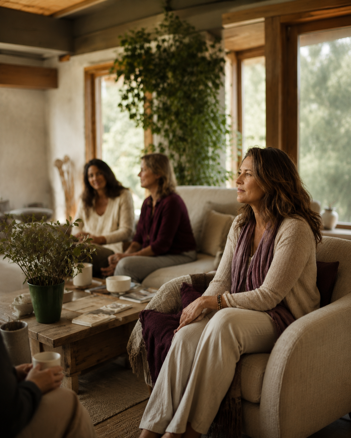 Woman reflecting during a thoughtfully guided gathering with other women.