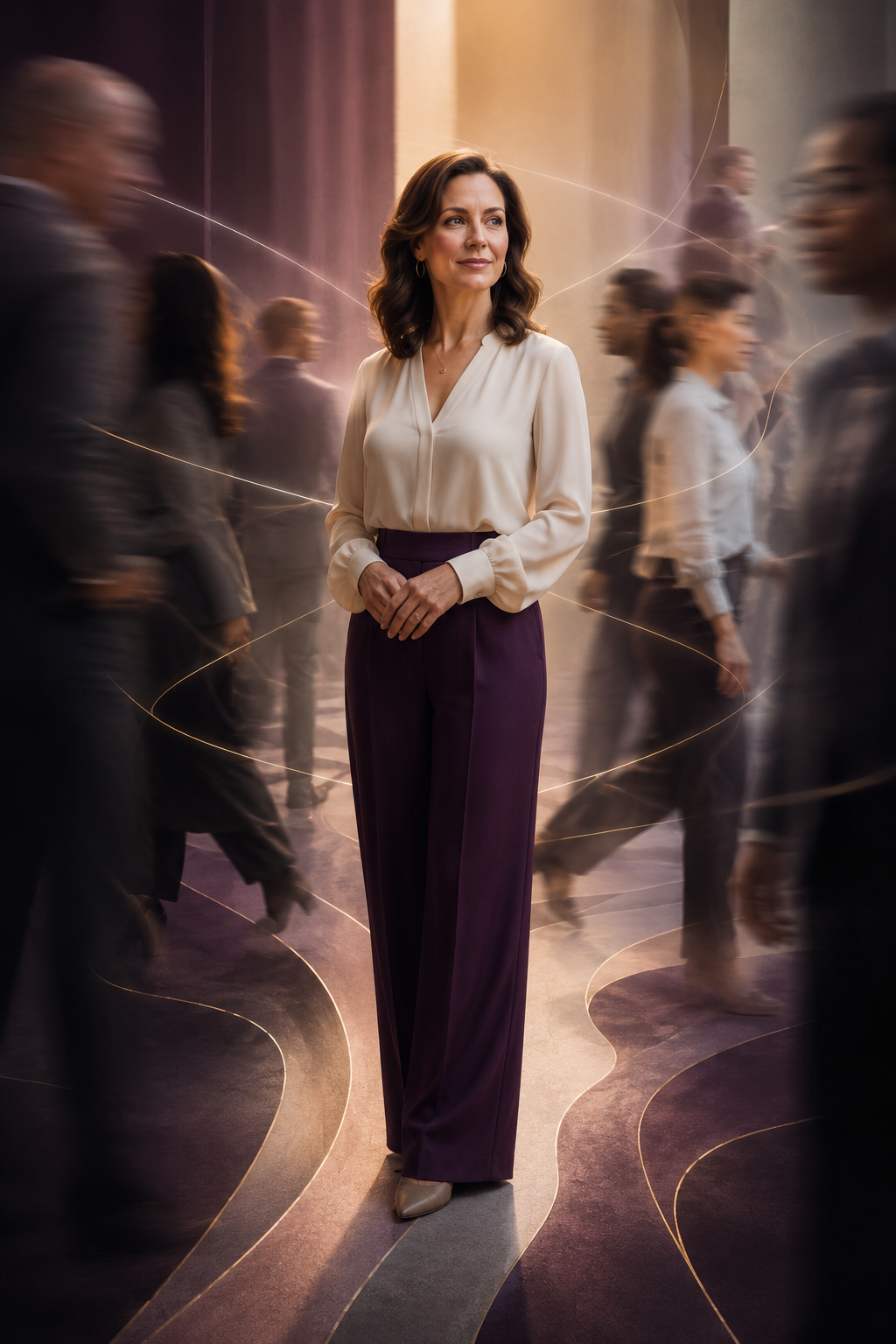 A confident woman with shoulder-length brown hair wearing a cream blouse and purple wide-leg trousers, standing in a modern, dynamic setting with blurred figures walking around her and swirling light lines.