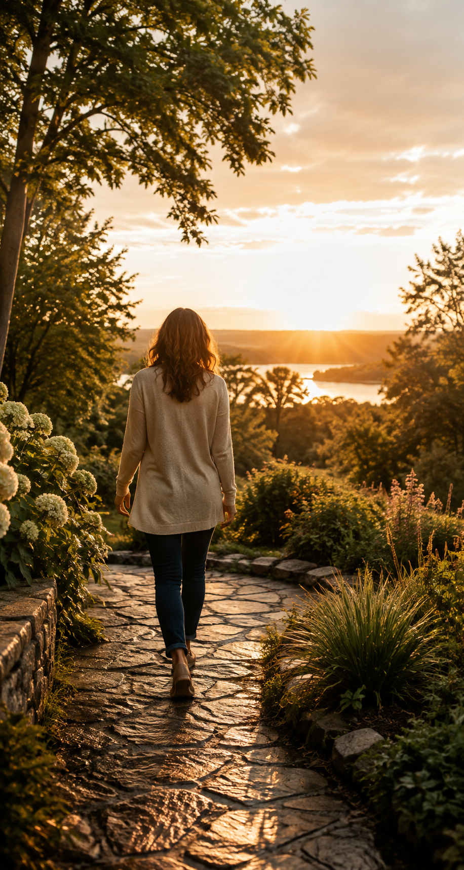 Woman walking along a peaceful path at sunset, reflecting and reconnecting with herself.