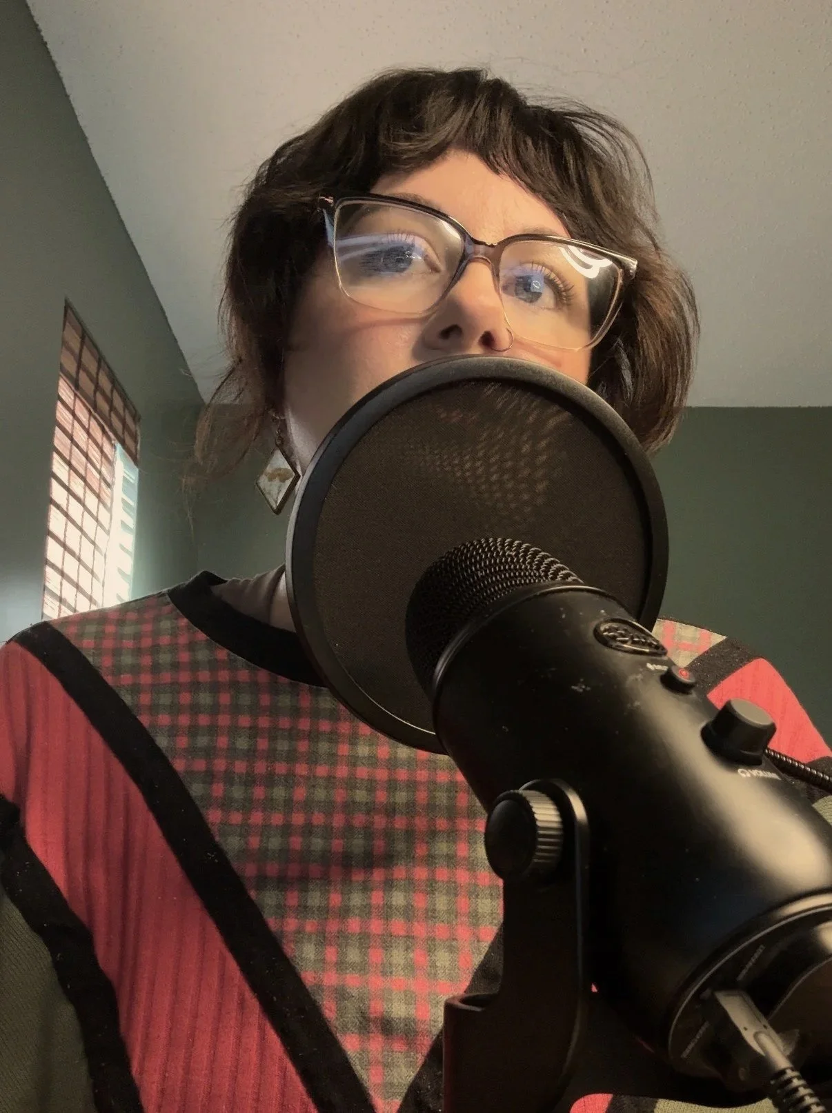 A person with short brown hair, glasses, and a septum piercing recording into a microphone in a home studio.