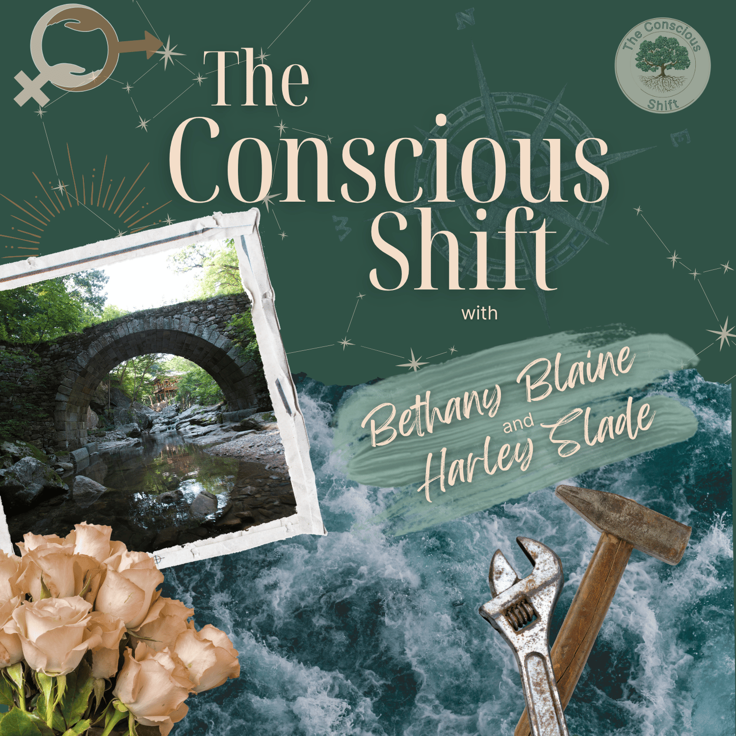 Cover image for 'The Conscious Shift' featuring a green background with celestial and botanical graphics, a photo of a stone bridge over a creek, and a bouquet of flowers. Text reads 'The Conscious Shift with Bethany Blaine and Harlen Slade'.