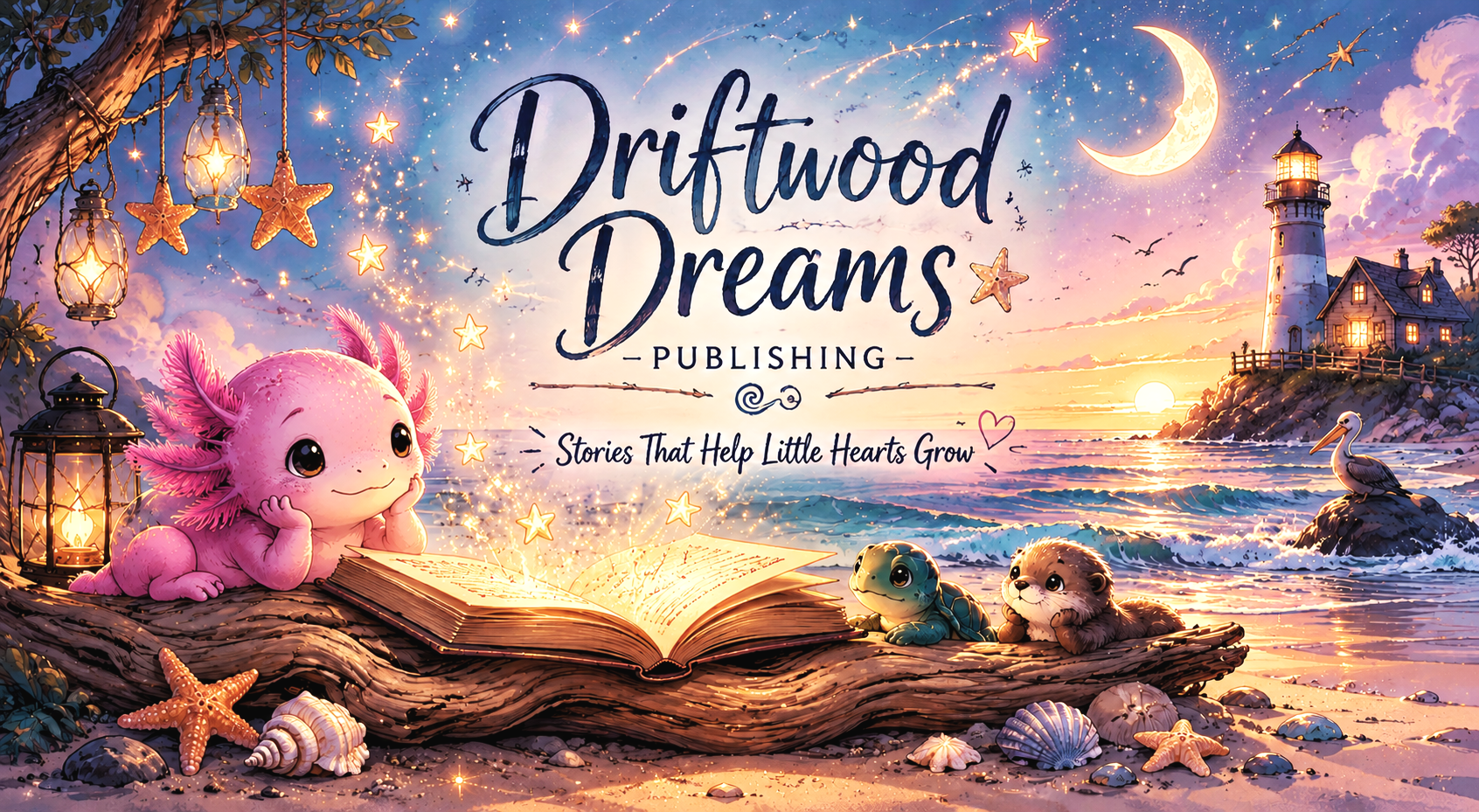 Pink axolotl reading a glowing storybook on driftwood at sunset, surrounded by ocean treasures, twinkling stars, and a lighthouse overlooking the sea.