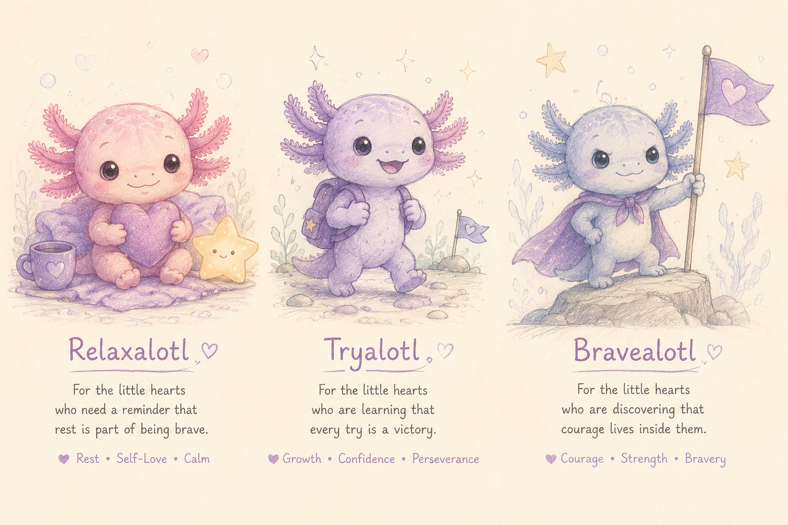 Character sketch sheet featuring Relaxalotl, Tryalotl, and Bravealotl, three axolotl characters representing rest, perseverance, and courage in the Driftwood Dreams children's book series.