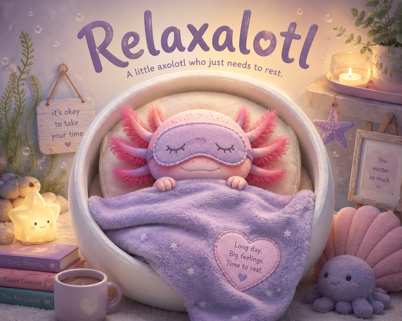 Illustrated cover of Relaxalotl, a children's story about rest, love, hope, and big feelings, featuring a pink axolotl preparing for bedtime.