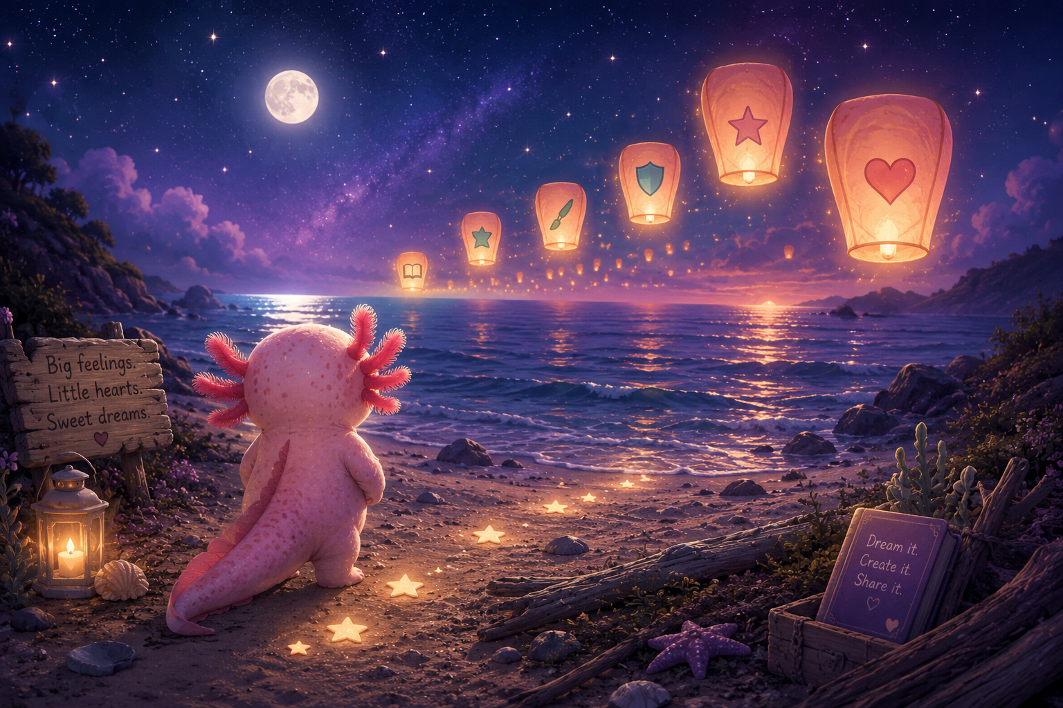 Pink axolotl gazing across a moonlit ocean as glowing lanterns float toward the horizon, symbolizing future stories, adventures, and dreams from Driftwood Dreams Publishing.