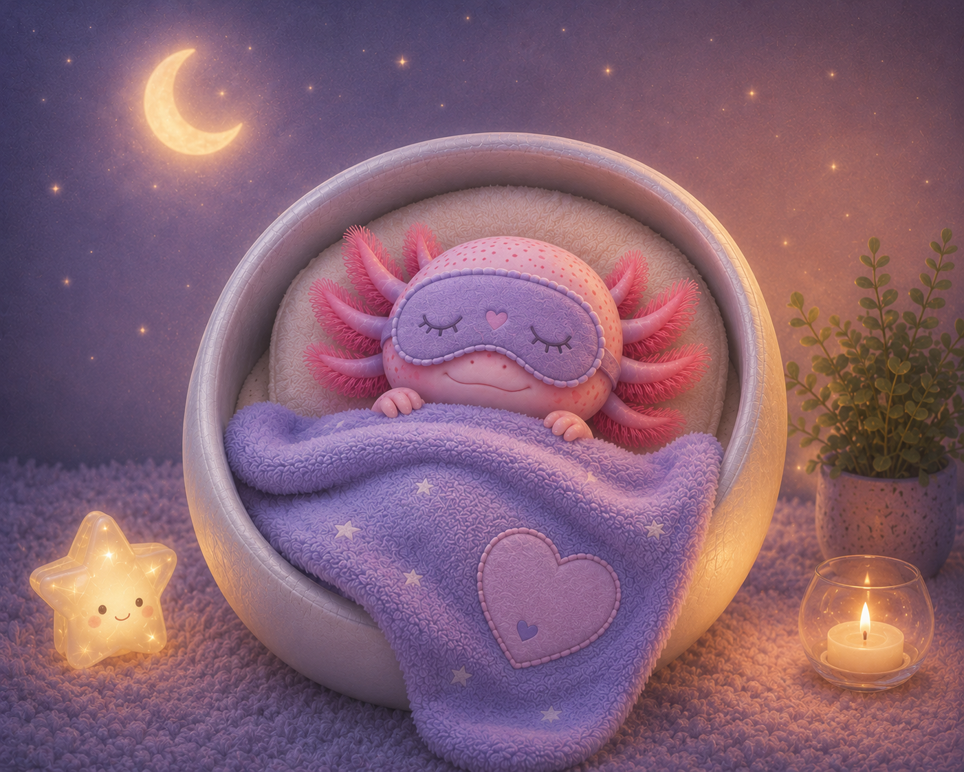 Relaxalotl children's book cover featuring a pink axolotl resting peacefully in a pearl-shaped bed beneath a starry night sky.