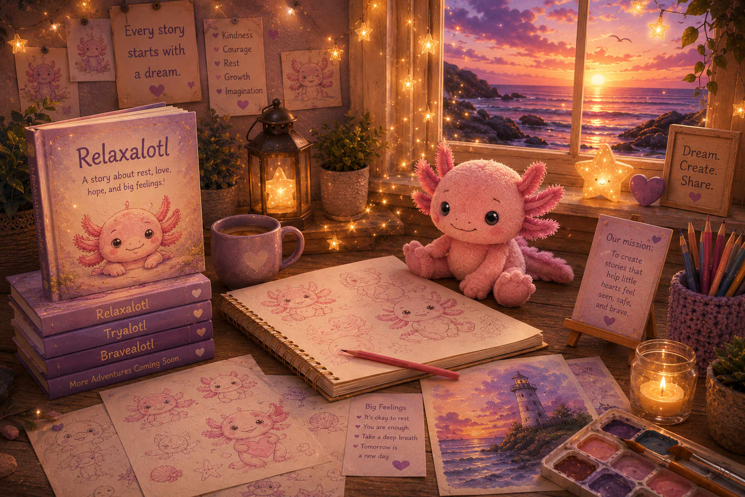 Cozy children's book studio featuring a Relaxalotl plush, story sketches, books, and art supplies beside an ocean sunset window at Driftwood Dreams Publishing.