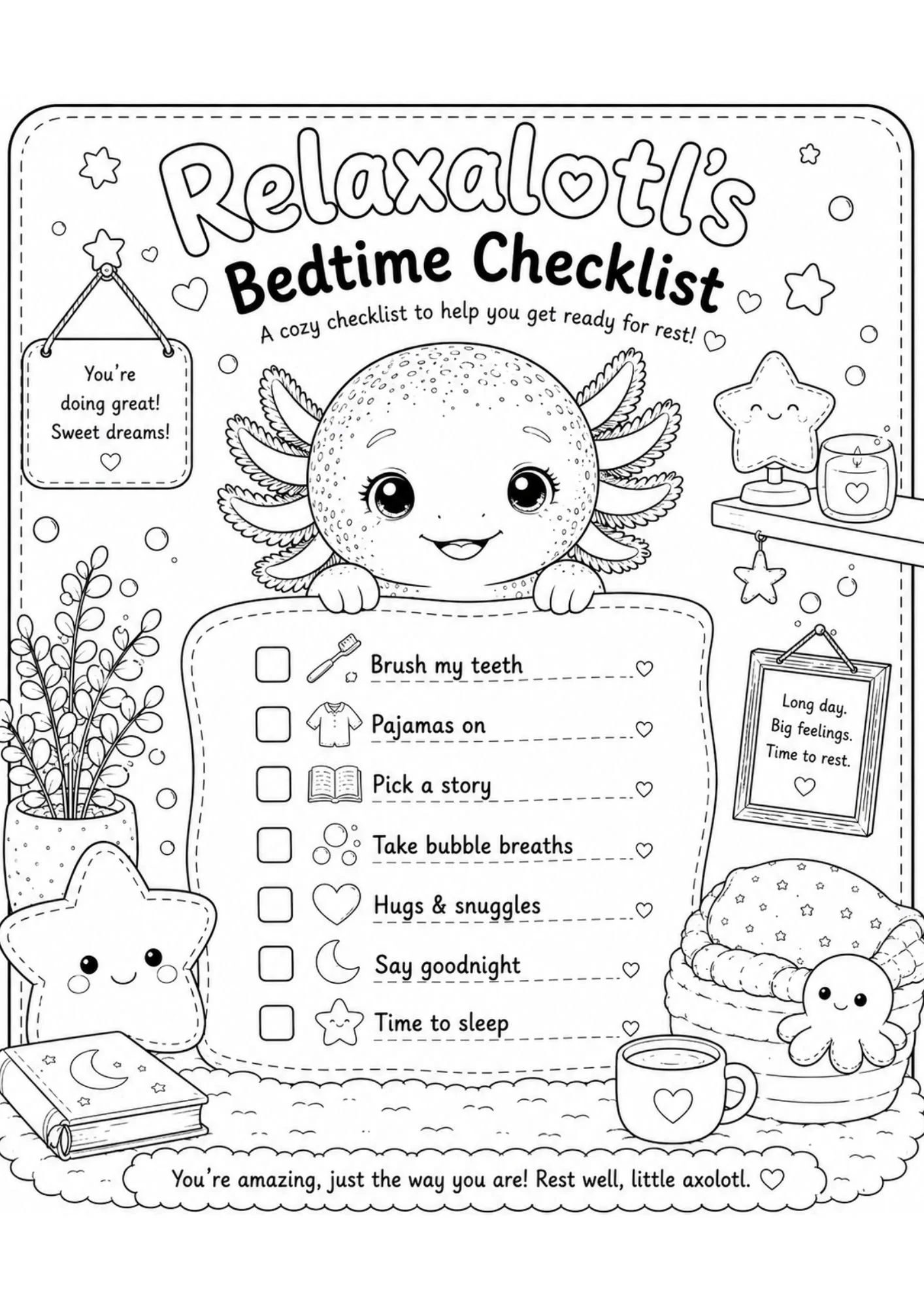 Printable Relaxalotl bedtime checklist with bedtime routine, stars, and cozy coloring elements.