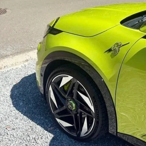 Lichtgroene sportauto geparkeerd op een grindweg, met een badge en badge op de motorkap.