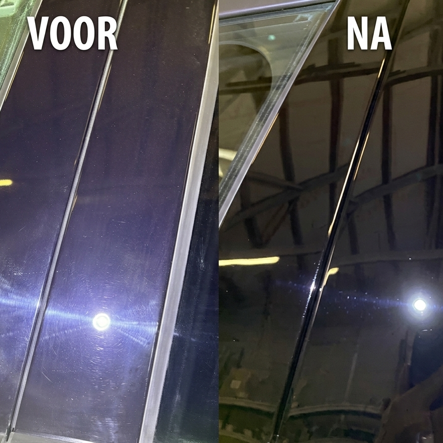 Vergelijking van pianozwarte autolak voor en na het polijsten, linker zijde toont krassen en doffe lak, rechter zijde toont glanzende en krasvrije lak.