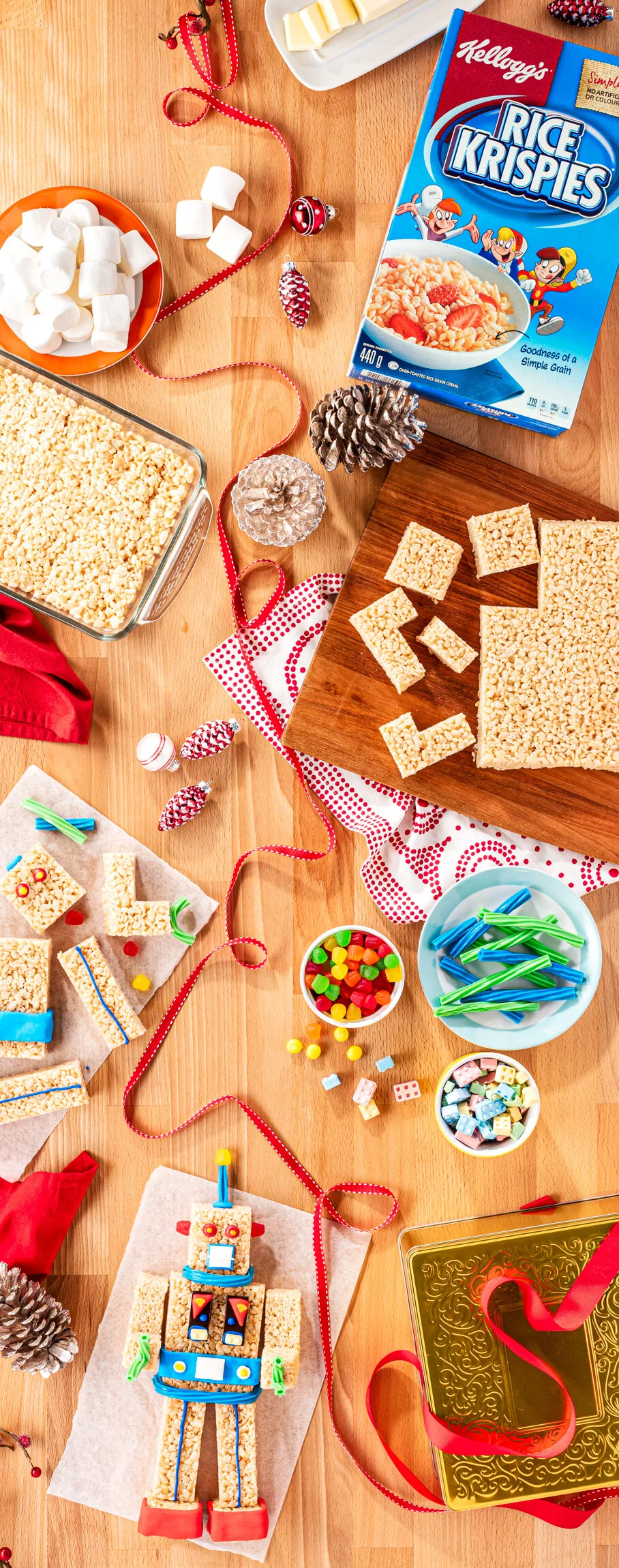  An overhead photo of marshmallow Rice Krispy treats shaped as a robot. Commercial food Photography by El Keegan.  