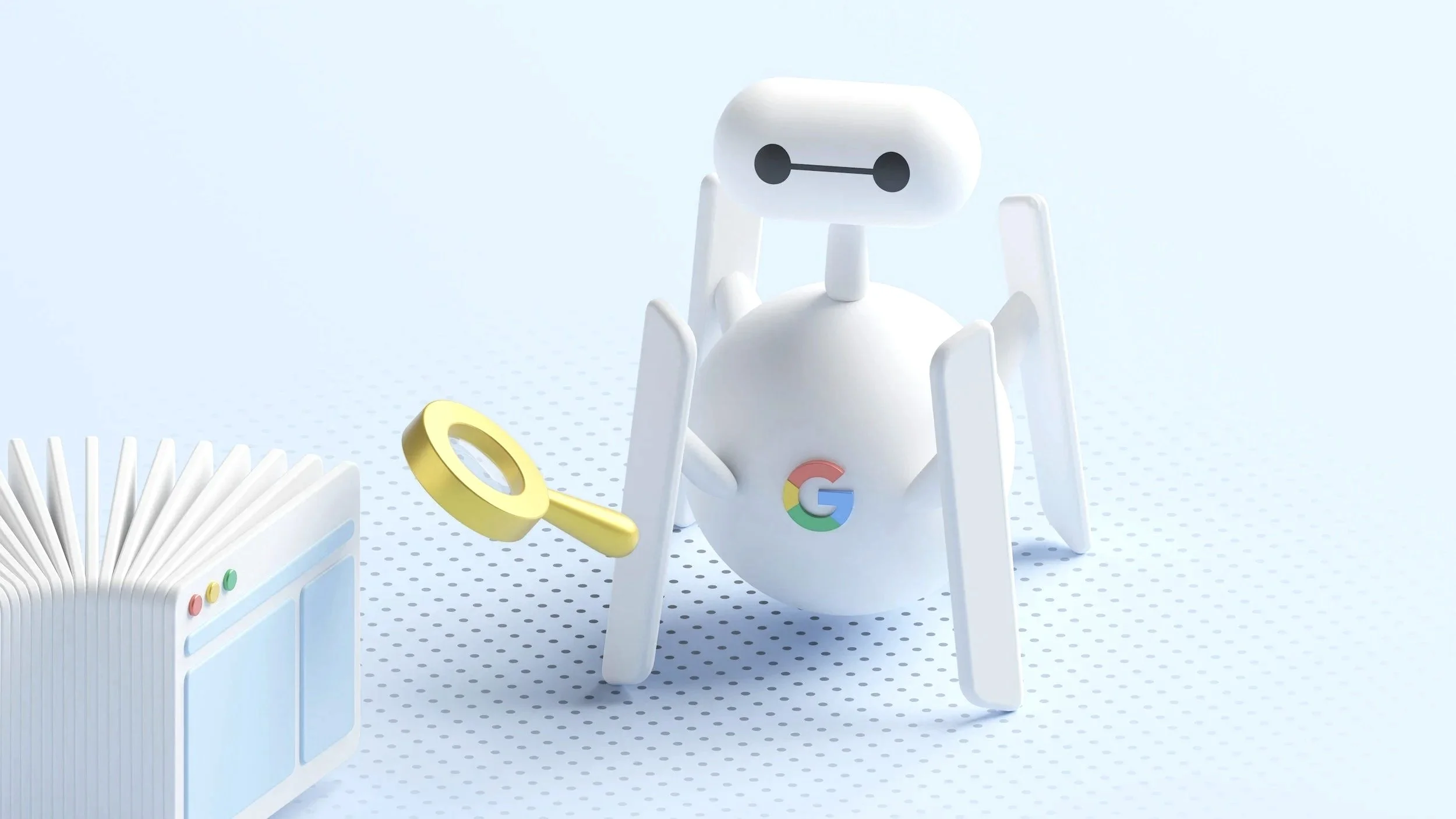 Google-themed robot with a round white body, black eyes connected by a line, and the Google logo on its chest, holding a yellow magnifying glass, surrounded by a white gear and a book with Google logo on a dotted white surface.
