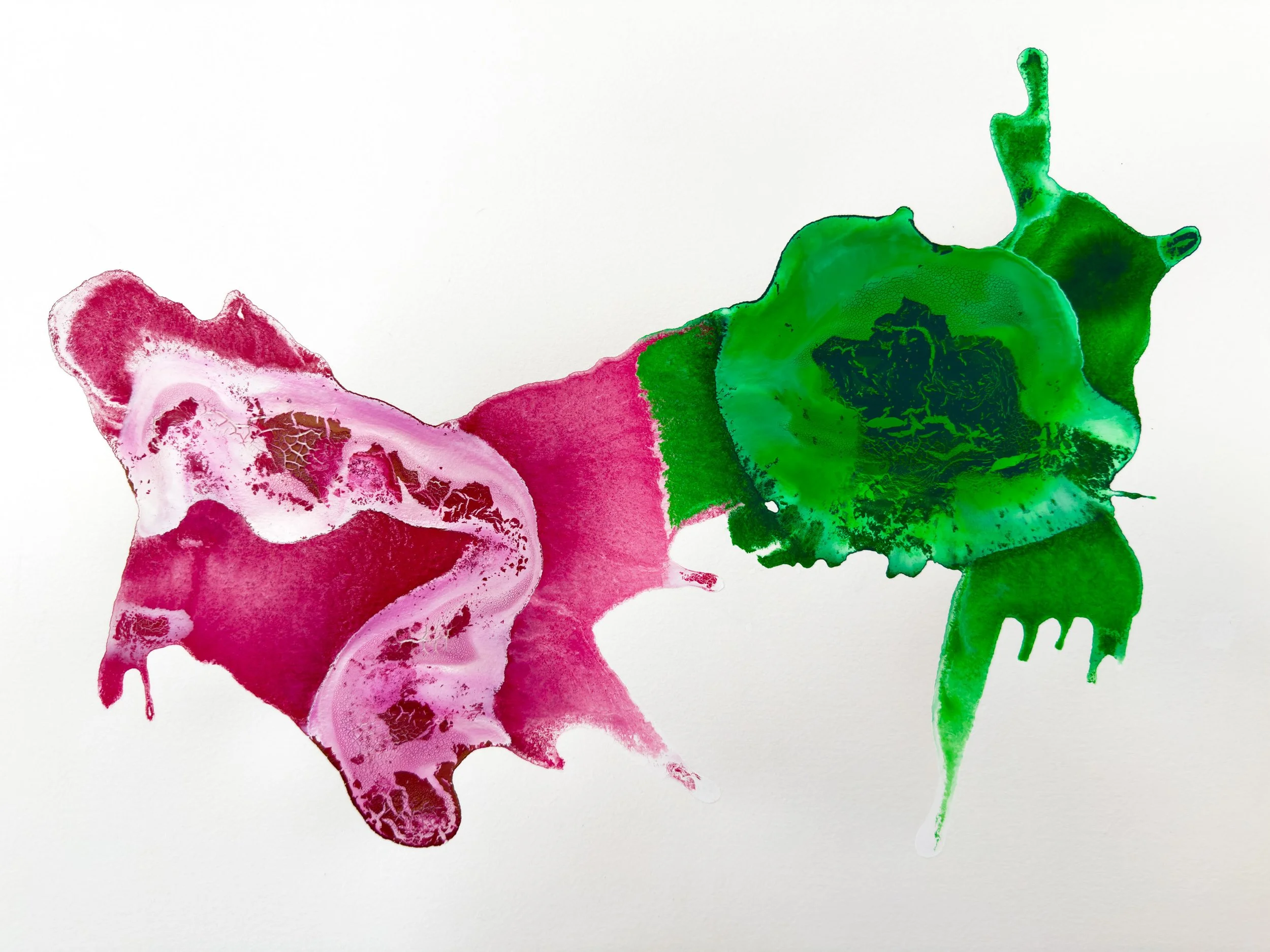 Abstract watercolor painting with pink and green splotches on white background.