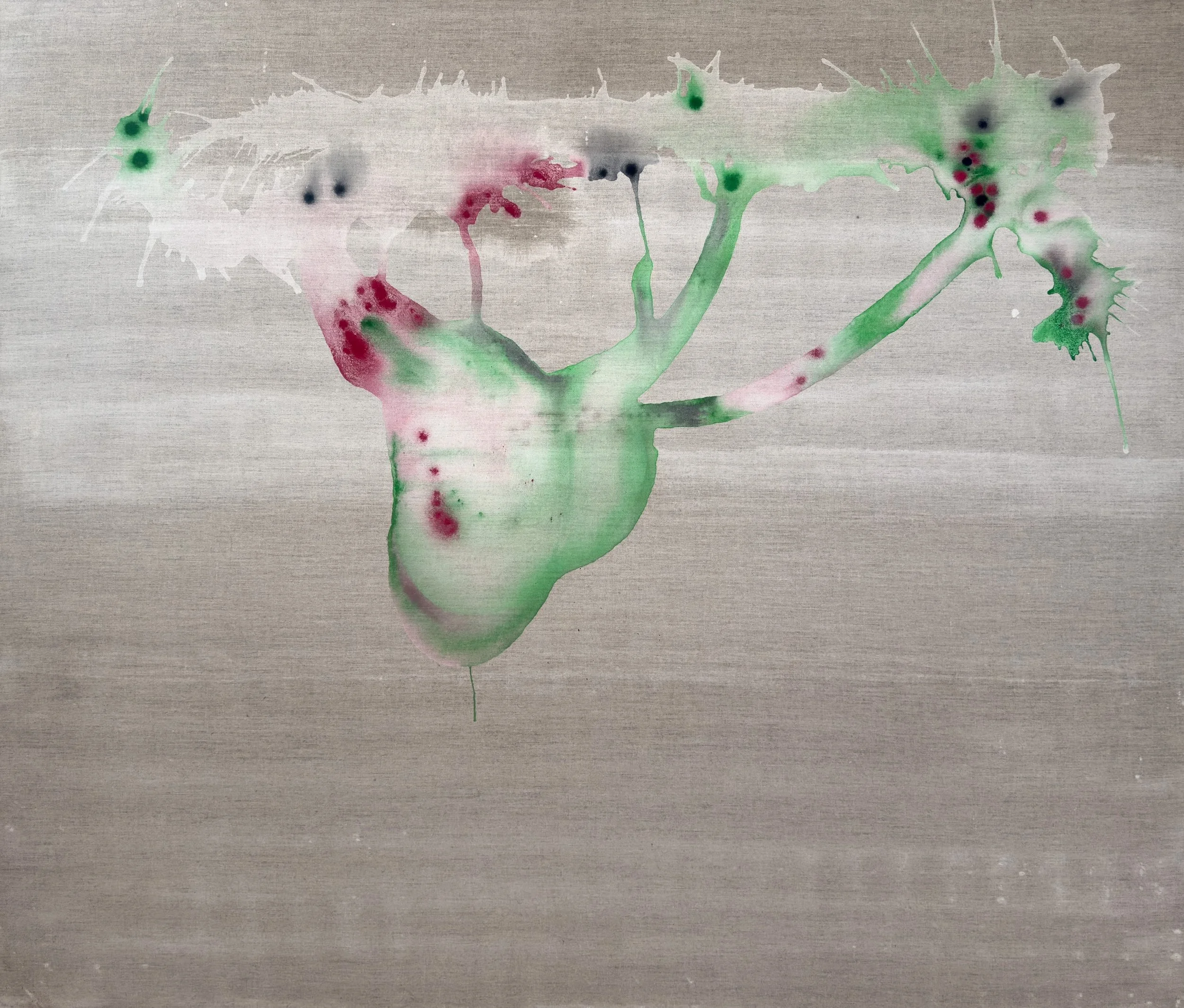 Watercolor painting of a houseplant with green leaves and pink-red blossoms on a light wooden surface.