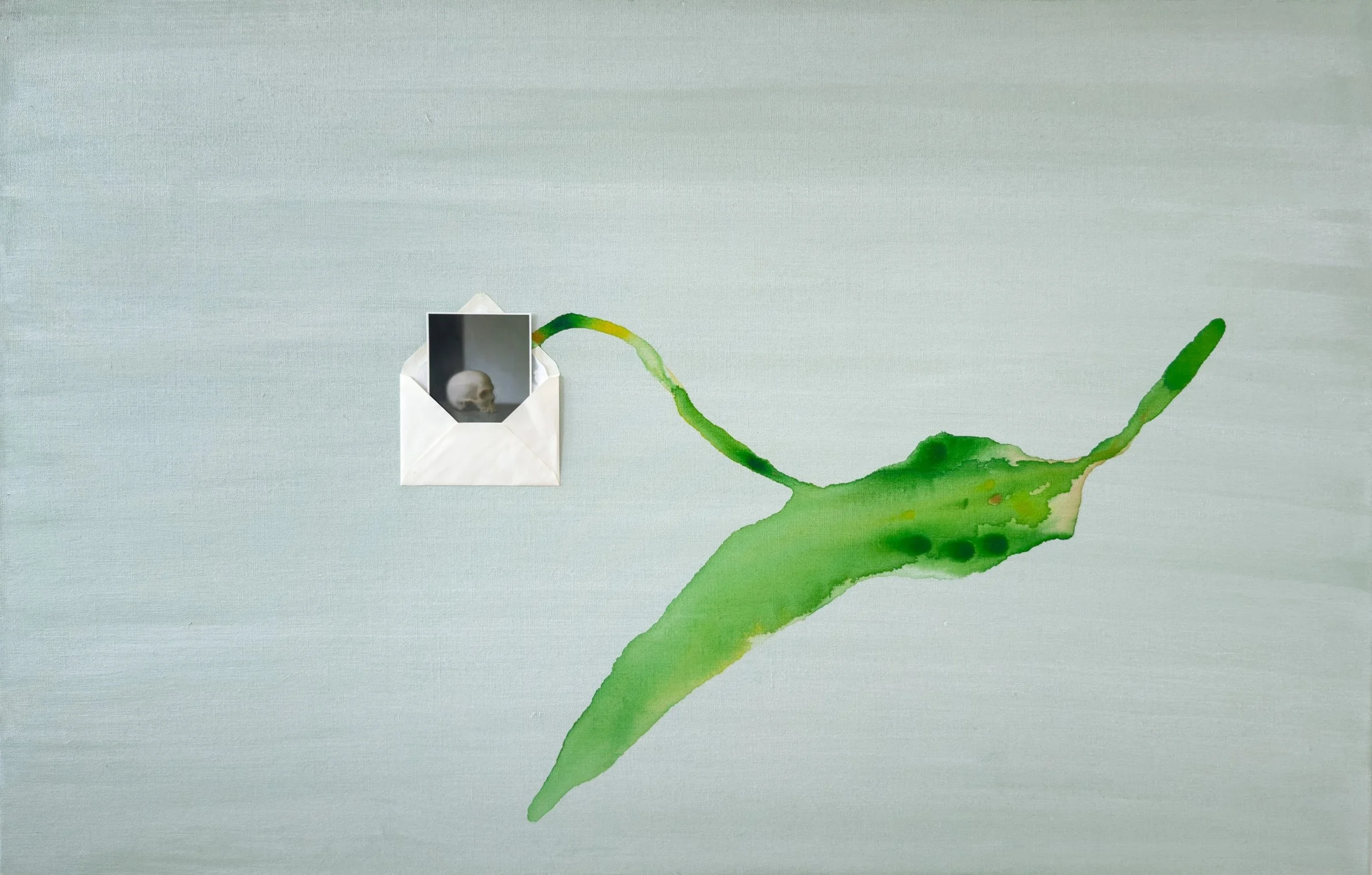 Watercolor illustration of a green hand holding a small white envelope containing a picture of a human skull.