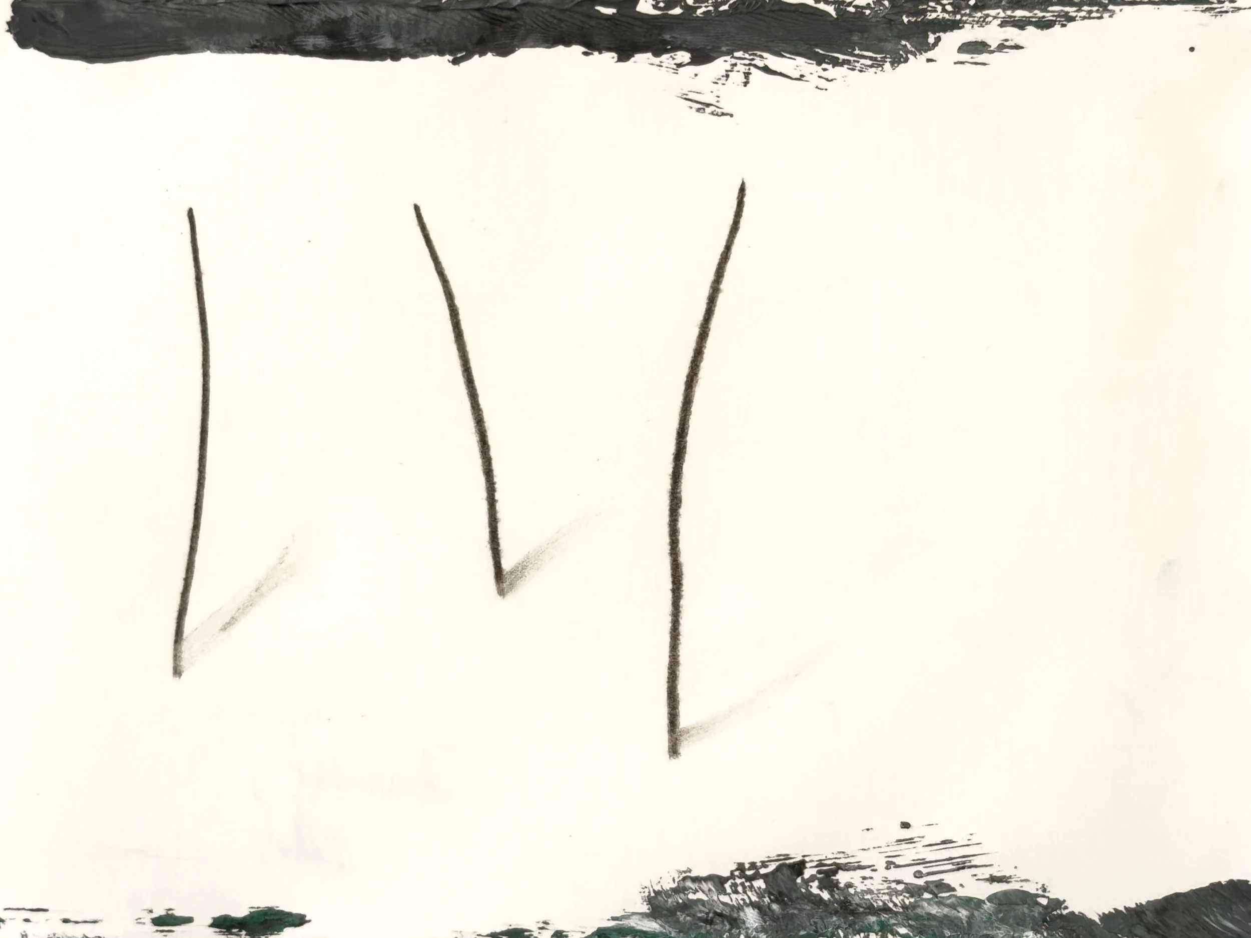 Close-up of a minimalist black ink drawing with three vertical lines and black brush strokes at the top and bottom.