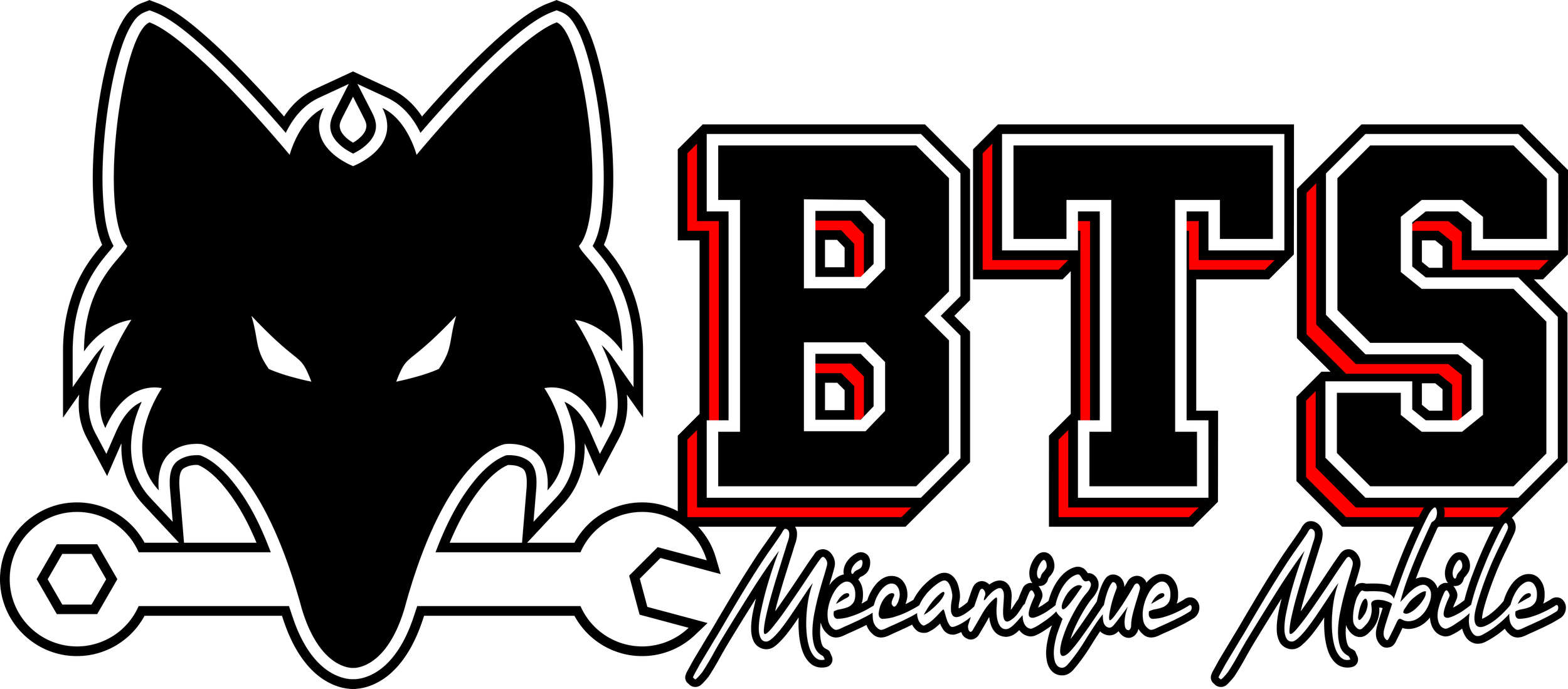 Logo avec un visage de loup stylisé en blanc et noir, et le texte 'BLS Mécanique Mobile' en noir, blanc, rouge et rouge