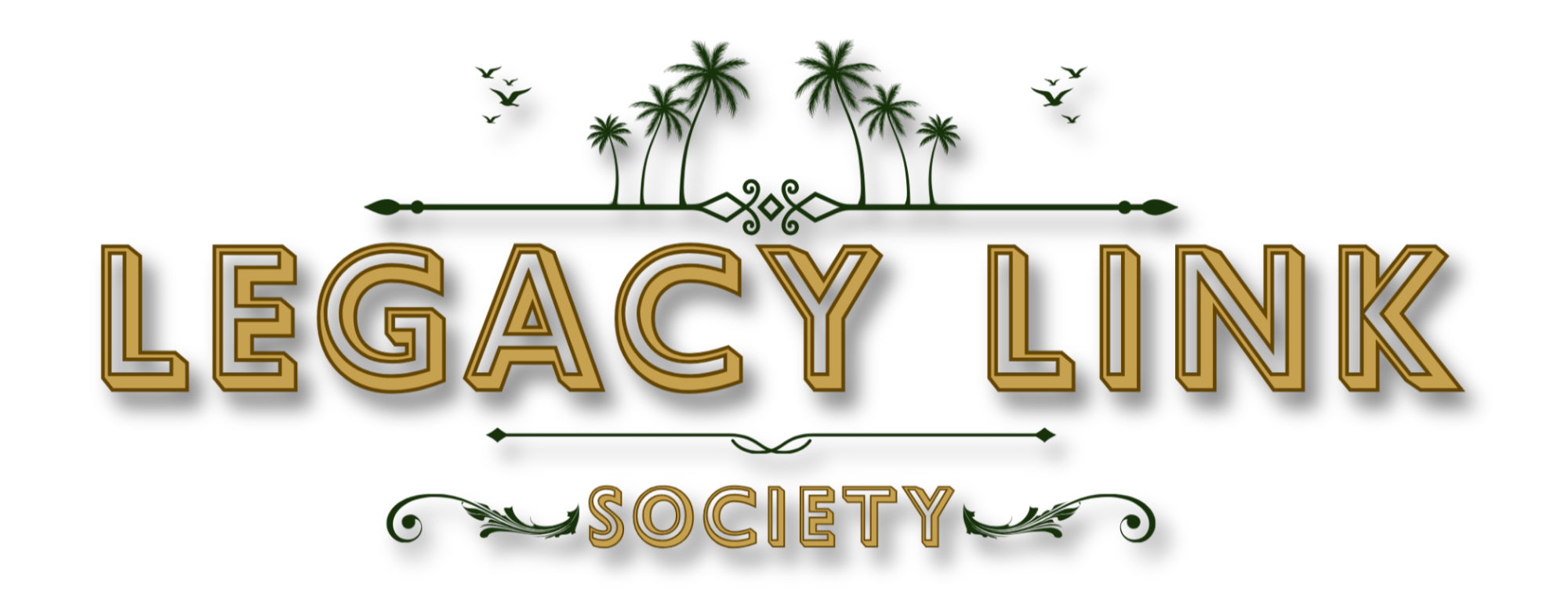 Logo for Legacy Link Society featuring green palm trees, fish, and decorative elements on a black background.