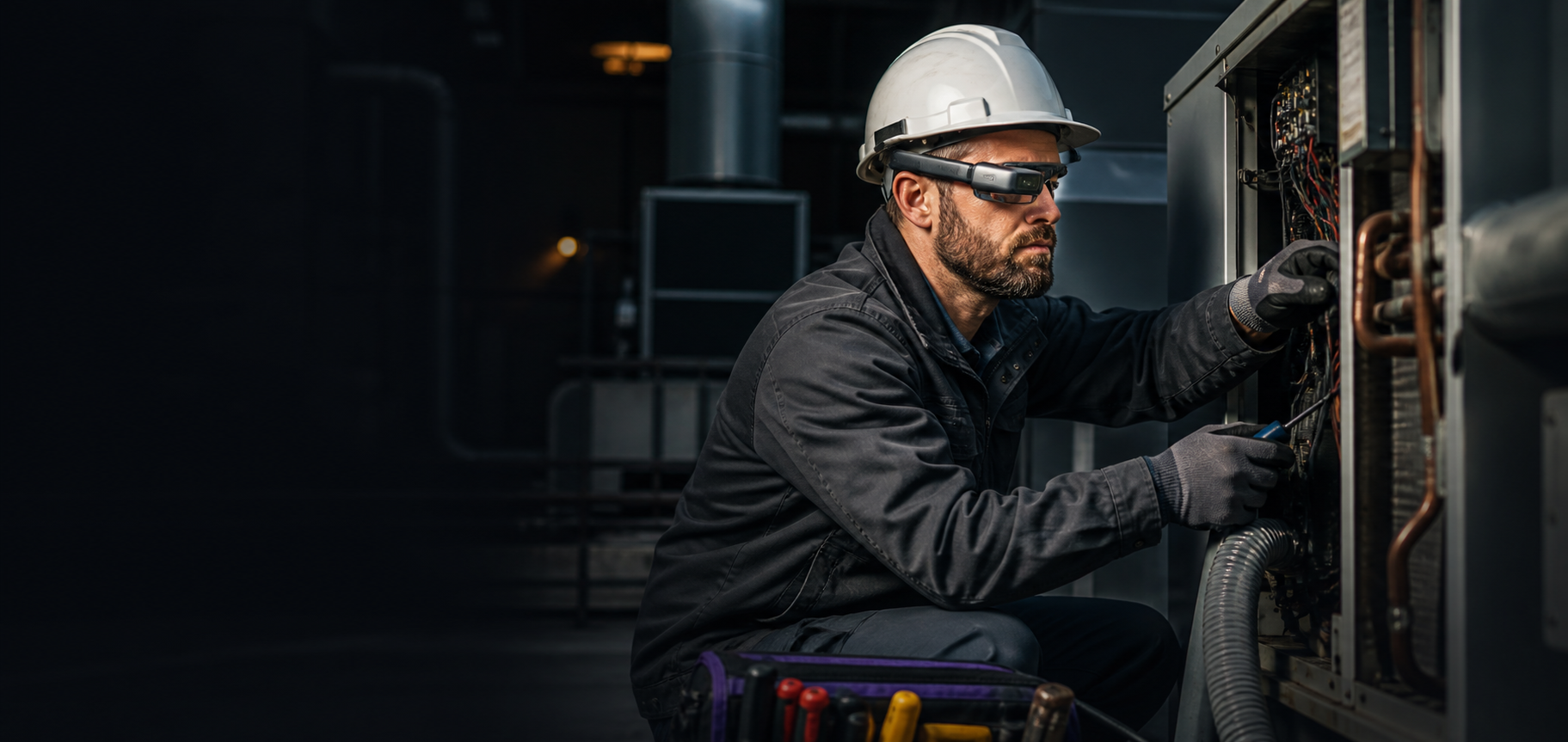 Field service technician using augmented reality smart glasses while servicing HVAC equipment