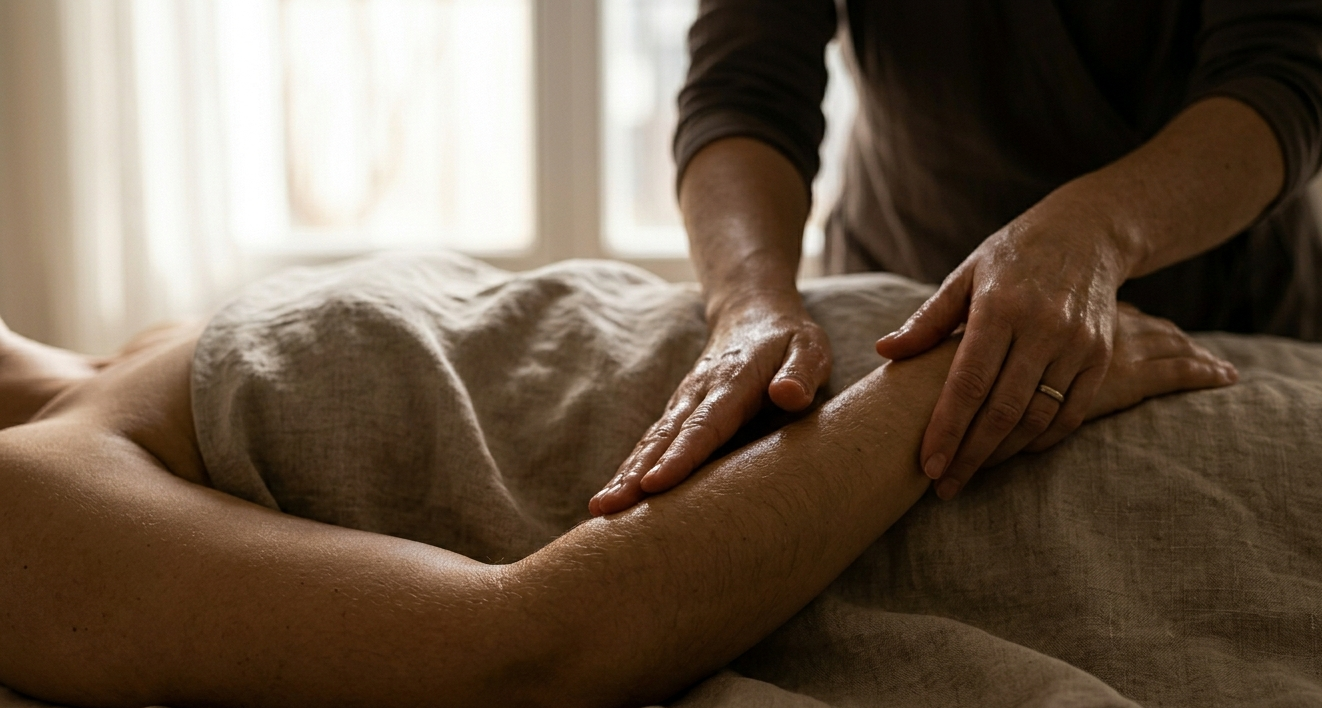 Das Bild zeigt eine Doula die eine Mutter massiert. Ihre öligen Hände berühren den Arm der Mutter.