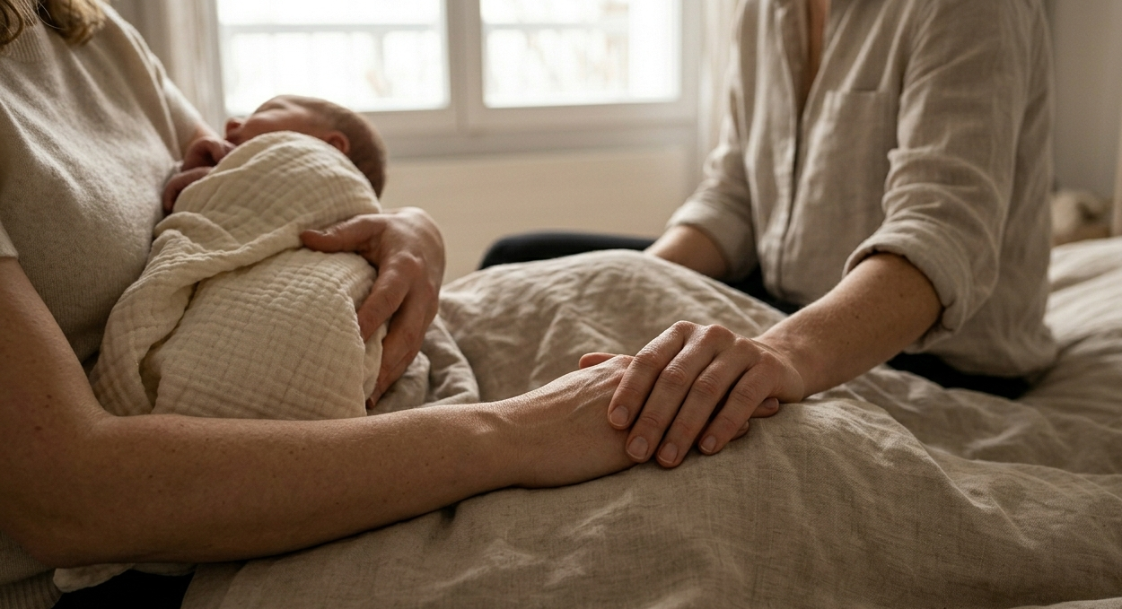 Das Bild zeigt eine Doula, die einer Mutter zuhört. Die Mutter liegt im Bett mit ihrem Baby in der Hand.