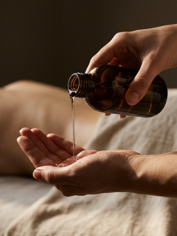 Das Bild zeigt wie Massageöl in die Hände geleert werden vor einer Massage.