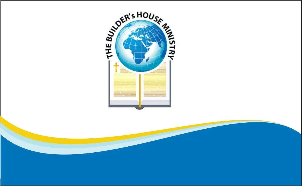 Logo of The Builder's House Ministry featuring a globe, an open Bible, and a cross, with blue and yellow wave design at the bottom.