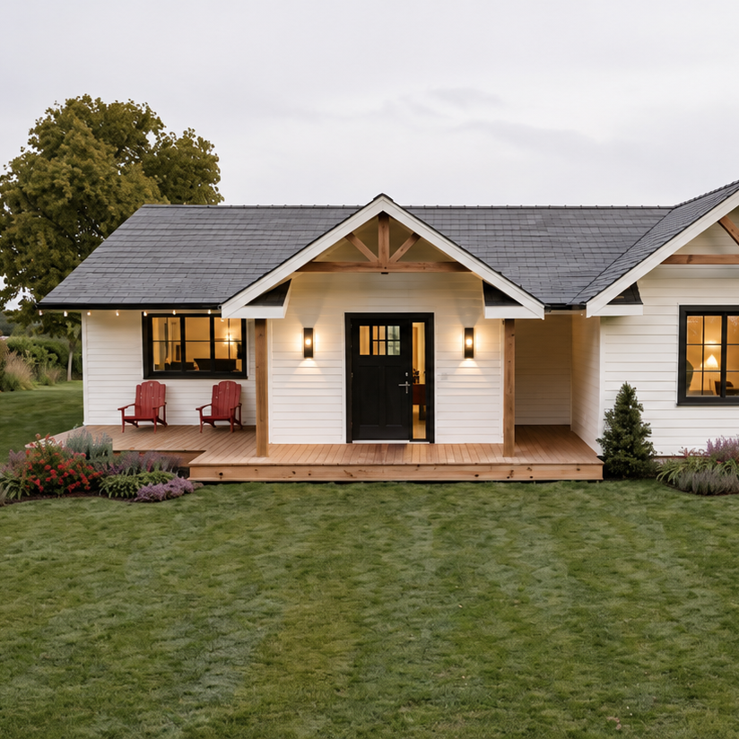 Une maison moderne blanche avec un porche en bois, deux chaises rouges, des fenêtres noires, entourée d'un jardin bien entretenu et un arbre en arrière-plan.Atelier Au Carré