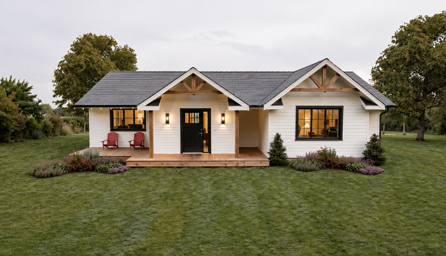 Une maison blanche avec un toit gris, deux fenêtres, une porte noire, et une terrasse en bois avec deux chaises rouges, entourée d'un jardin avec des arbustes, des fleurs et des grands arbres. Atelier Au Carré