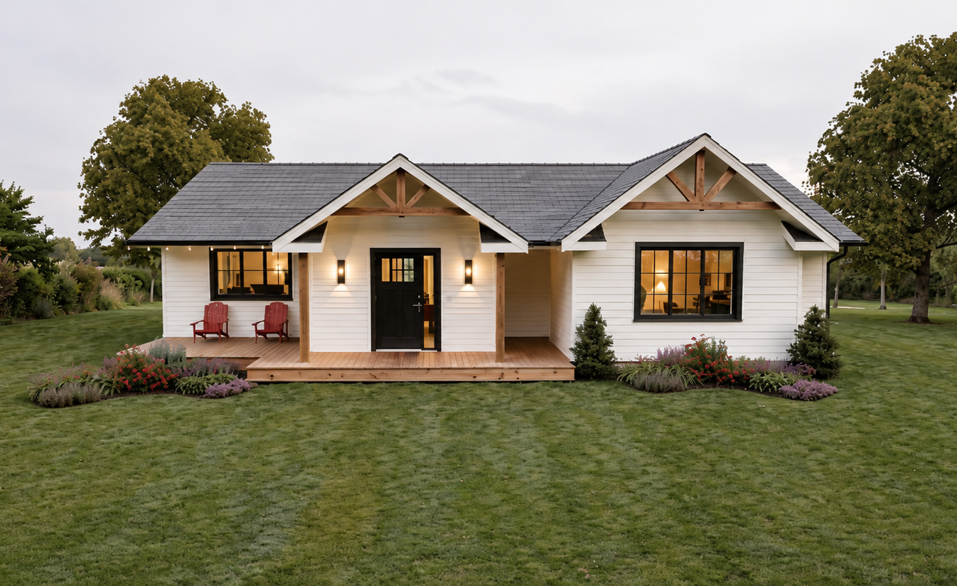 Maison moderne avec veranda en bois, jardin bien entretenu, arbres et pelouse verdoyante sous un ciel nuageux. Atelier Au Carré