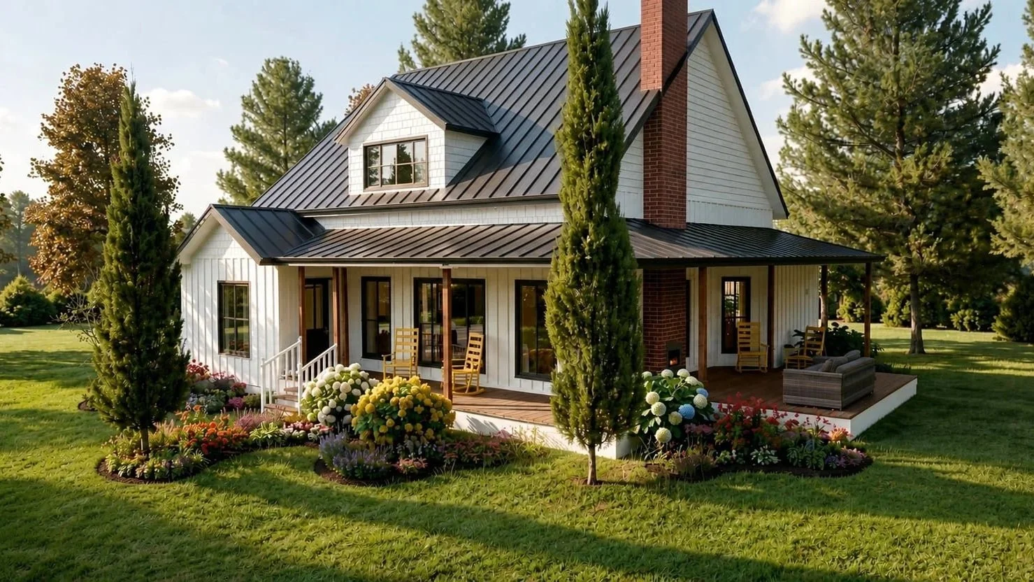 Maison moderne avec une façade en bois blanc, toit en métal noir, et un porche en bois avec des chaises en bois et un fauteuil en rotin. Jardin avec des fleurs colorées et deux grands pins. Atelier Au Carré