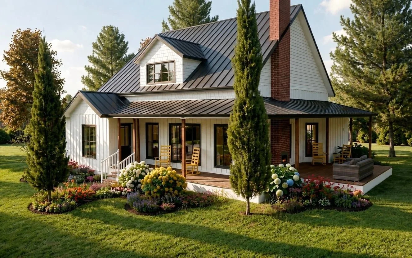 Maison moderne à étages avec véranda en bois, entourée de jardin fleuri et d'arbres, sous ciel partiellement nuageux. Atelier Au Carré