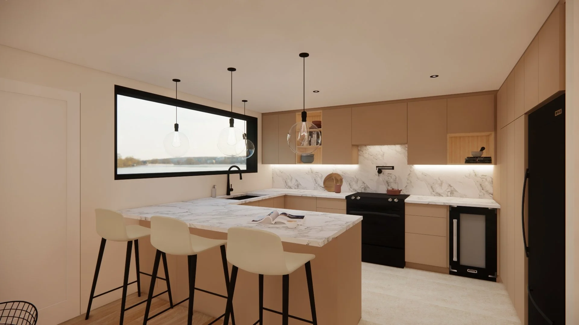 Cuisine moderne avec îlot en marbre blanc, meubles en bois clair, plan de travail en marbre, fenêtres laissant passer la lumière, éclairage suspendu. Atelier Au Carré