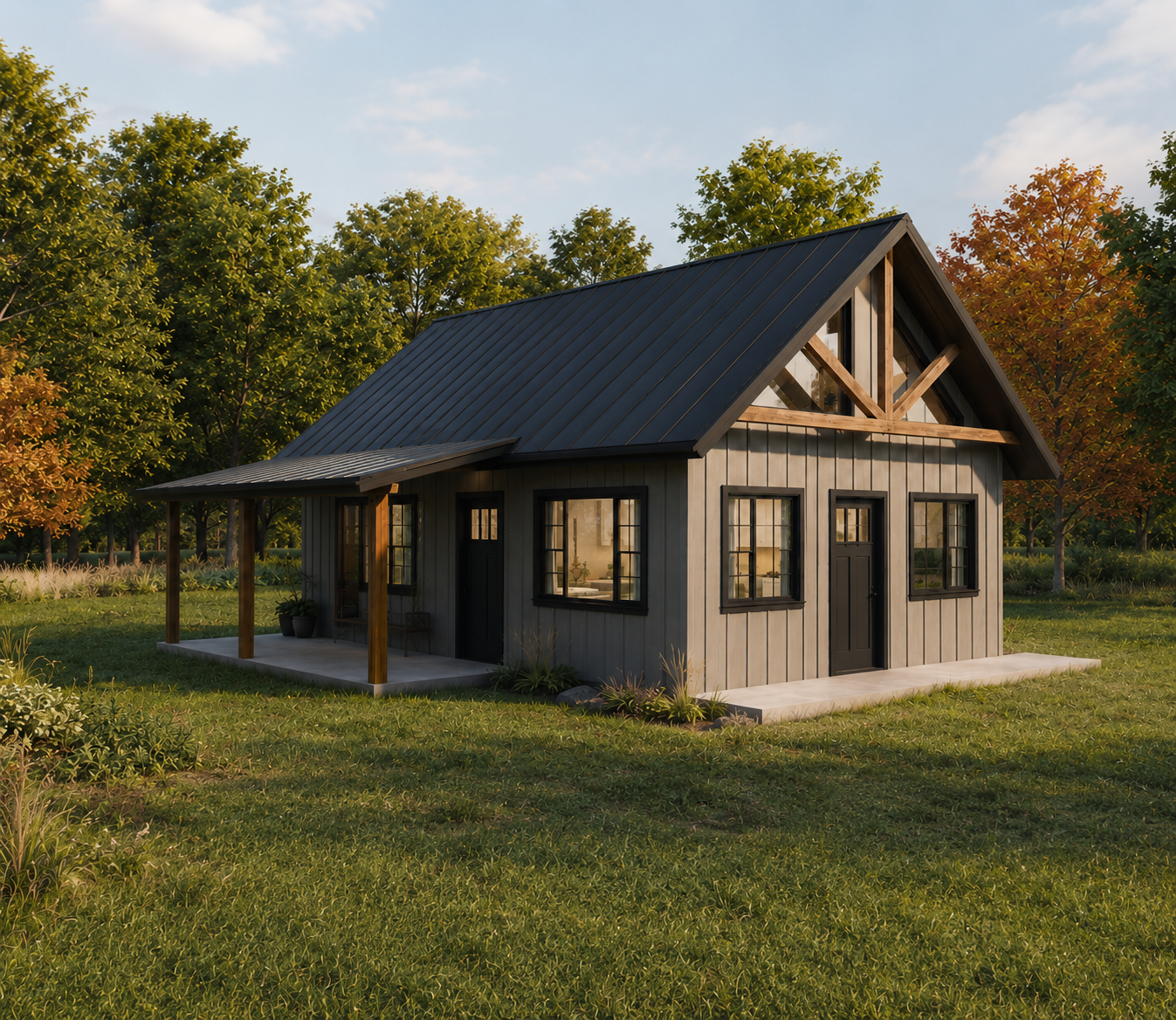 Une maison en bois avec un toit en métal noir, entourée d'arbres en automne, avec un porche couvert et de fenêtres à cadre noir. Atelier Au Carré