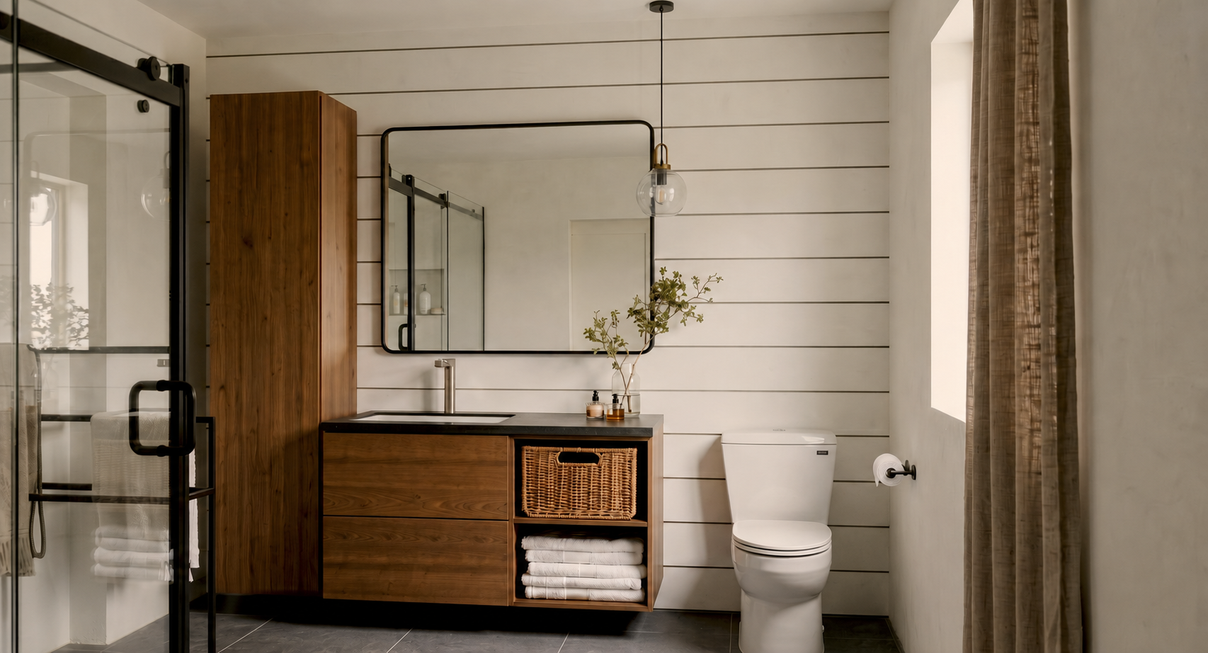 Salle de bain moderne avec un meuble en bois, un miroir rectangulaire, un lavabo, des serviettes blanches, une plante, un WC et une fenêtre avec un rideau beige.Atelier Au Carré