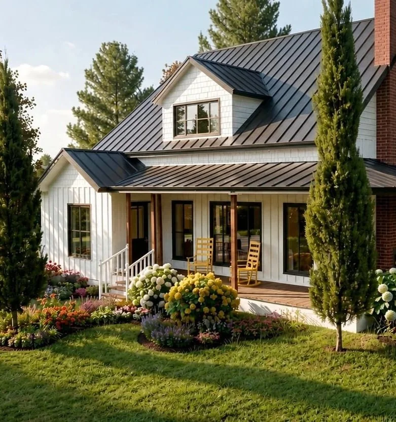 Maison moderne avec un toit en métal noir, façade en planches blanches, porche avec deux chaises en bois, jardin fleuri avec des arbustes et des arbres verticaux, arbre en arrière-plan. Atelier Au Carré