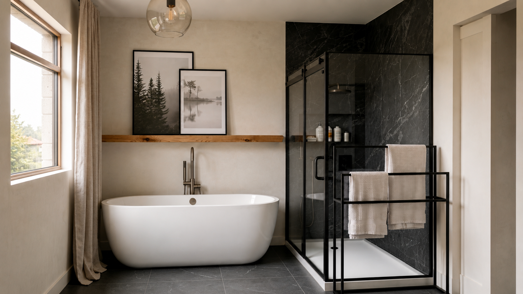 Salle de bain moderne avec baignoire autoportante blanche, douche en verre noir avec produits de soin, tableau de paysage en noir et blanc, et fenêtres laissant entrer la lumière naturelle. Atelier Au Carré