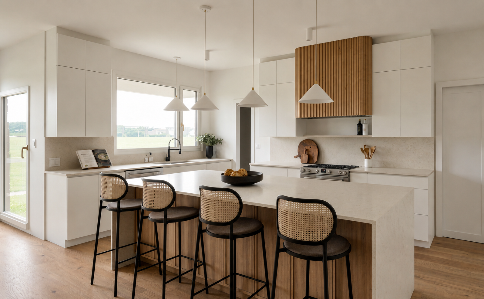 Cuisine moderne avec îlot central en bois clair, hotte texturée, décor minimaliste réalisée par Atelier Au Carré.