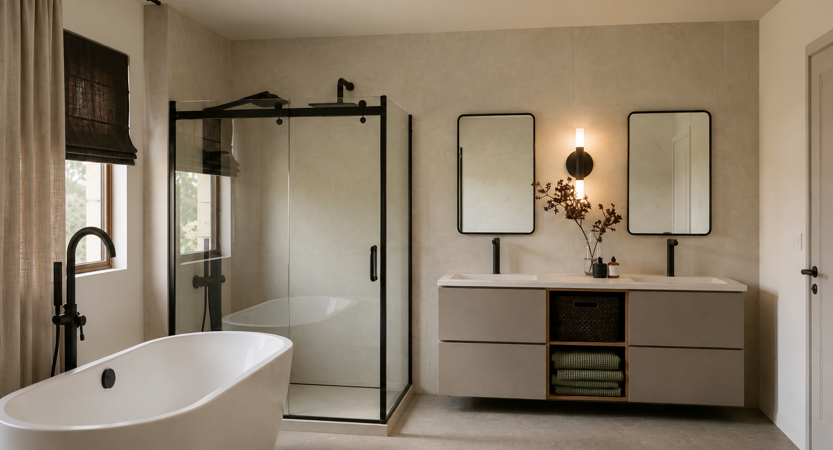 Salle de bain moderne avec baignoire, douche séparée en verre, double lavabo, miroirs rectangulaires, éclairage mural, et décoration minimaliste. Atelier Au Carré