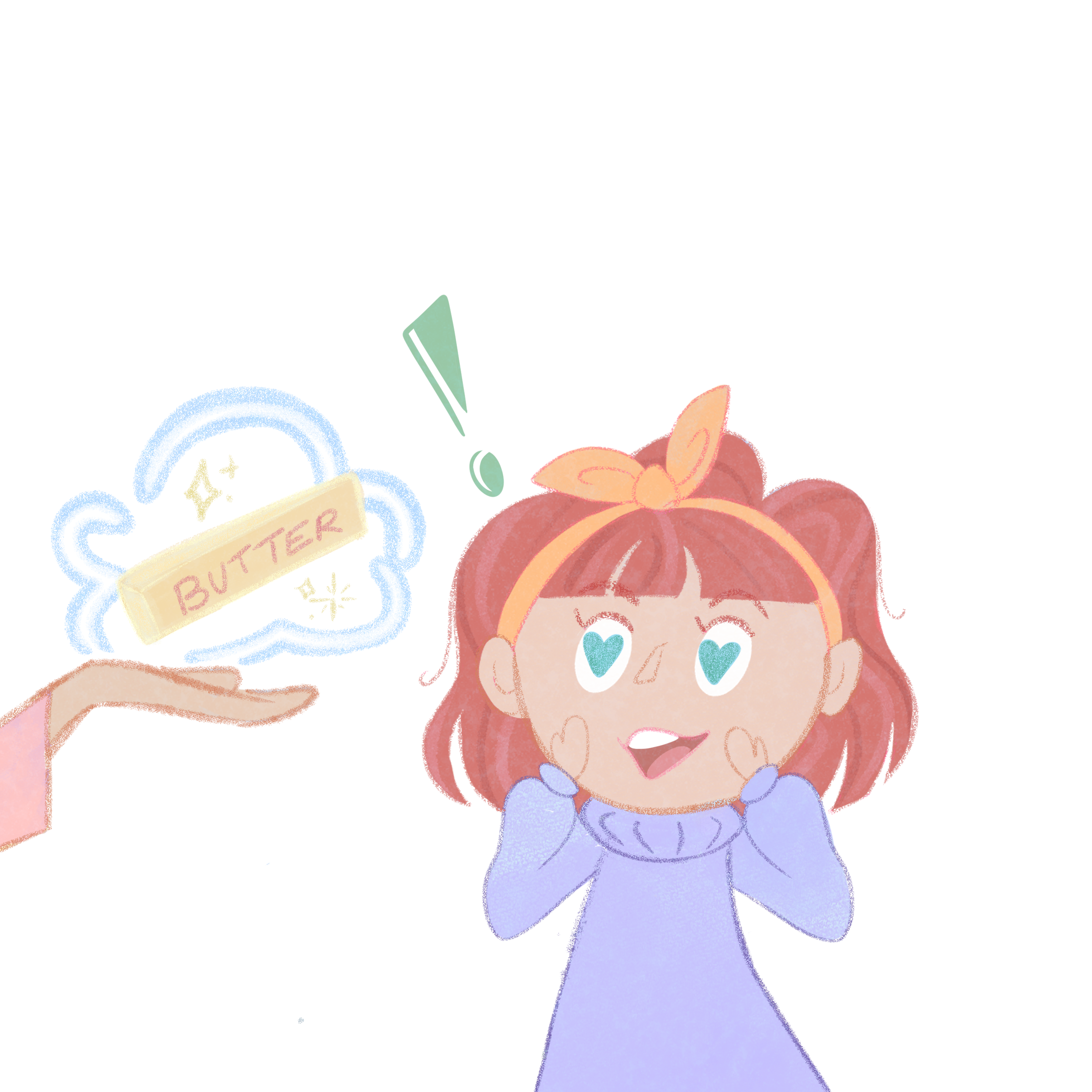 A cartoon illustration of a girl with red hair holding a gift box with heart and star patterns, surrounded by light blue clouds and a rainbow, with a sign that says 'butter' near her hand.