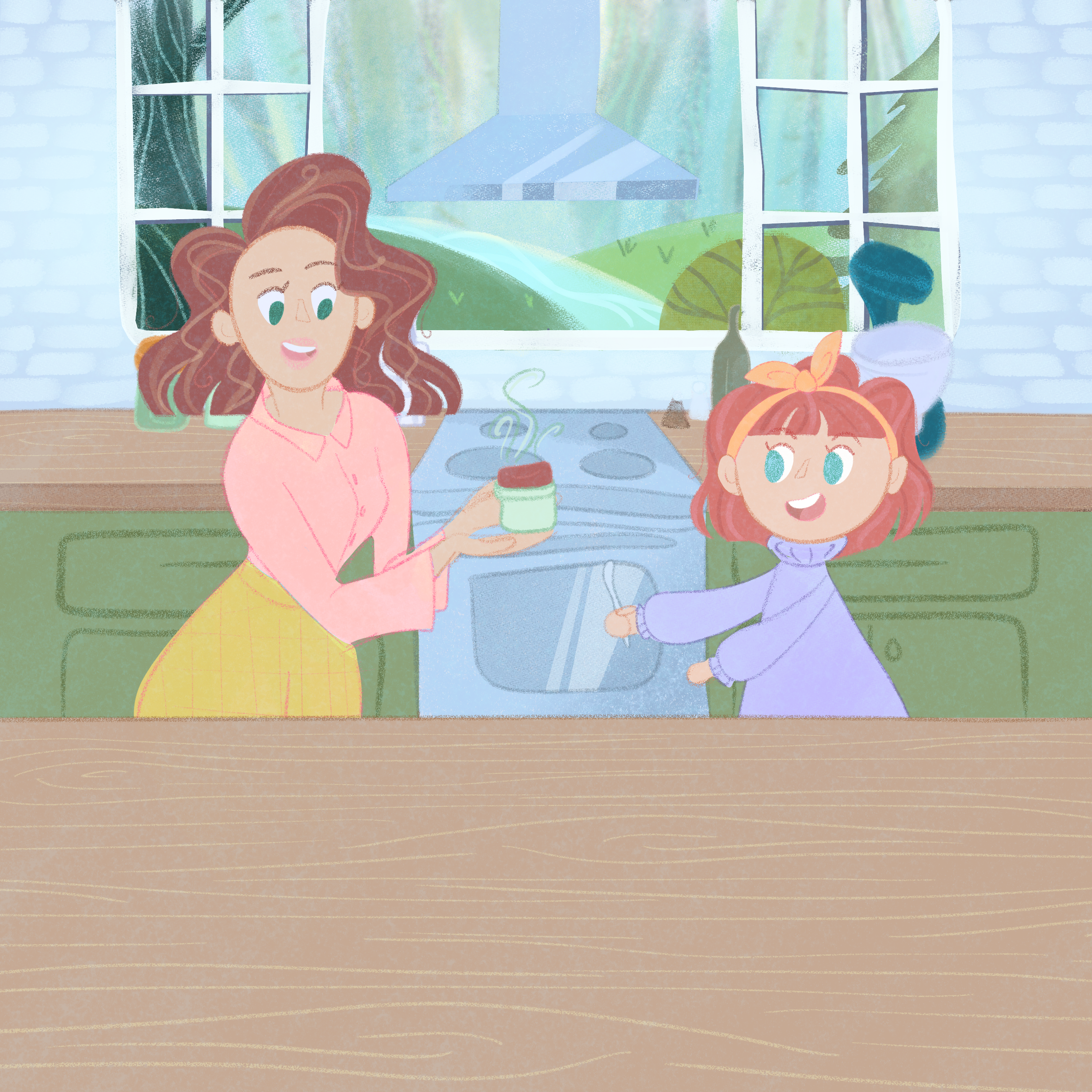 A cheerful woman with curly hair holding a mug, sitting in a bright kitchen near a window with a view of green trees and a house outside. A girl with red hair and a bow stands nearby.
