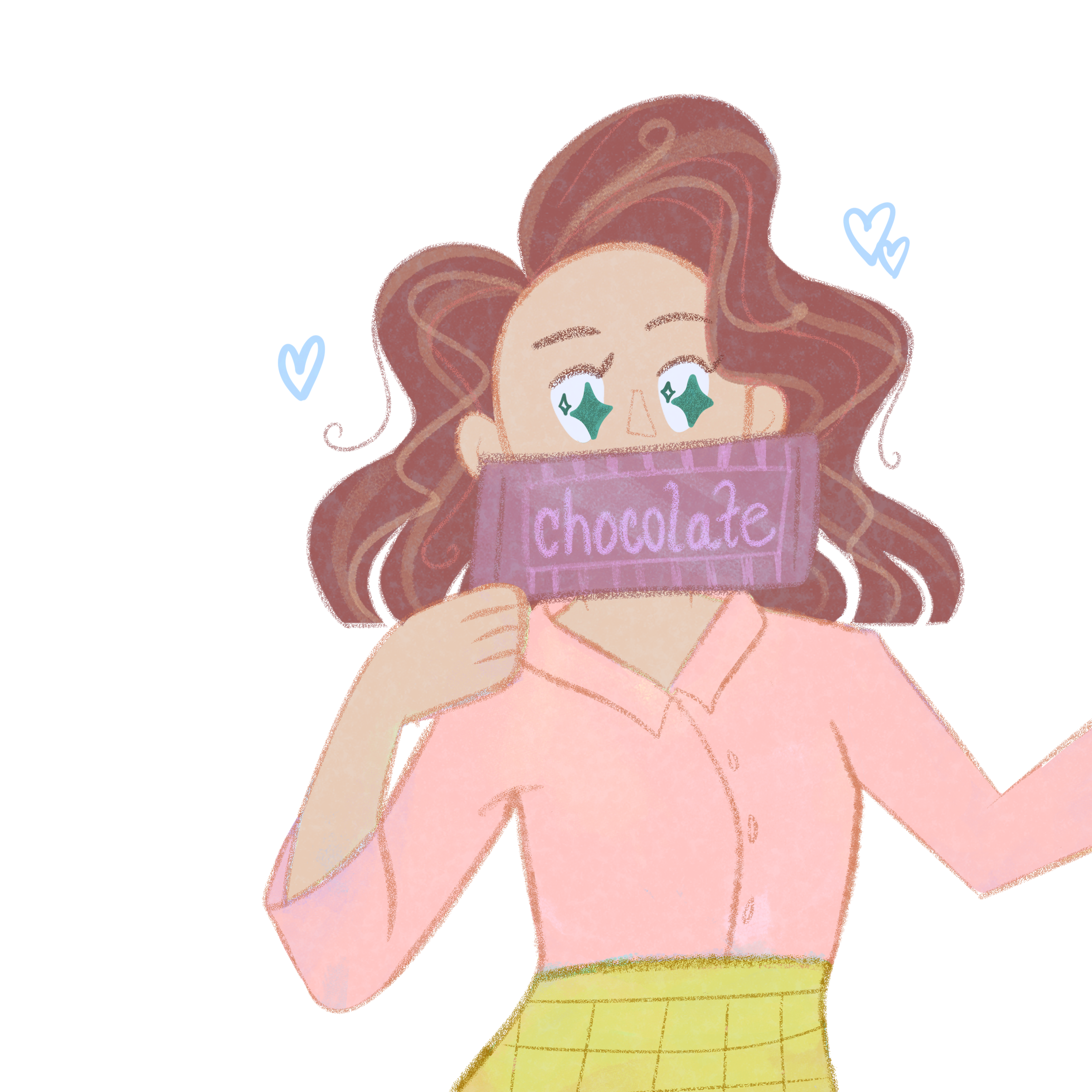A digital drawing of a girl with curly, red hair and a pink top, holding a chocolate bar with the word 'chocolate' written on it. She has sparkling green eyes, a yellow skirt, and blue hearts near her head.