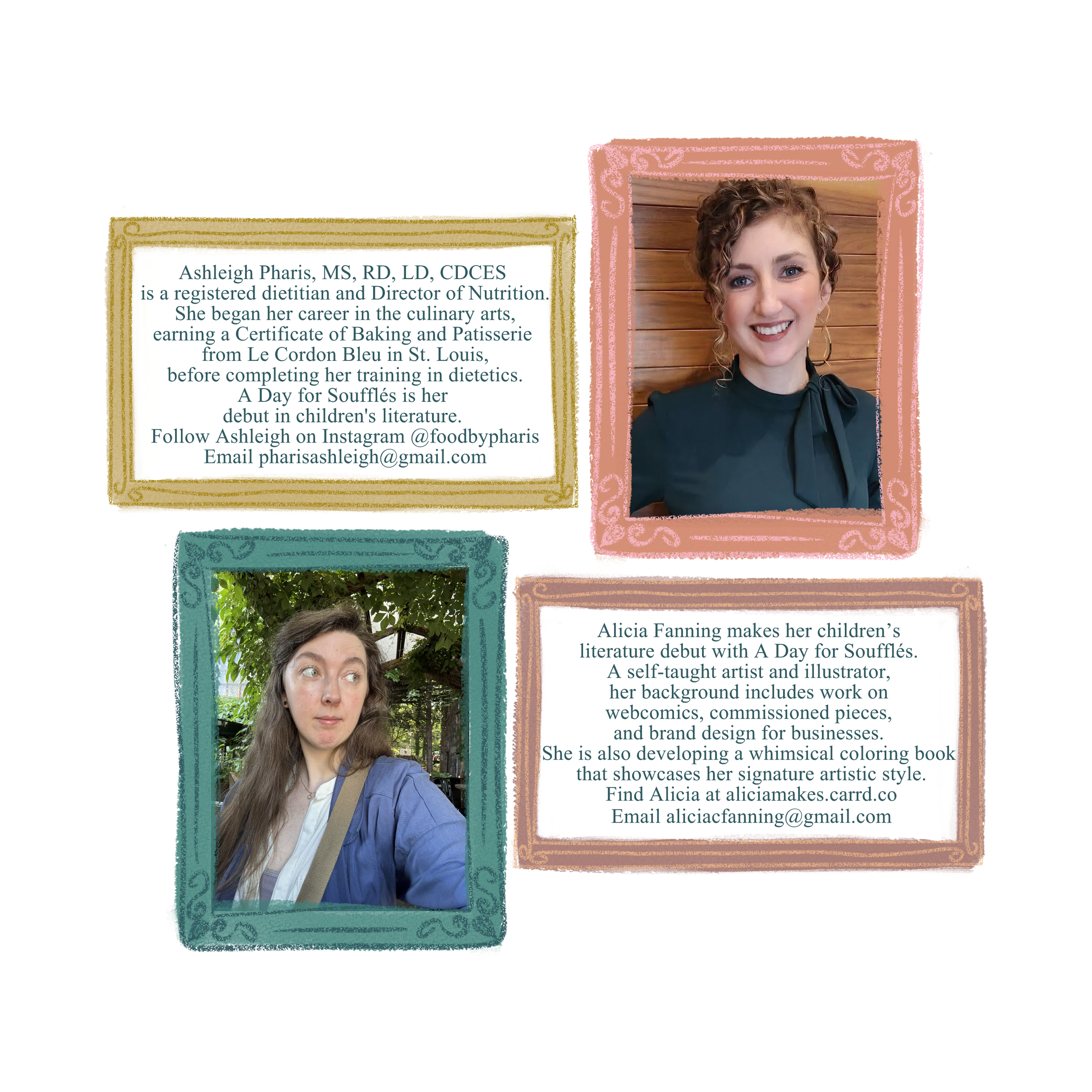 Business card with a photo of a woman with curly hair, smiling, dressed in a professional dark blazer, against a wooden background, accented with a pink decorative frame.