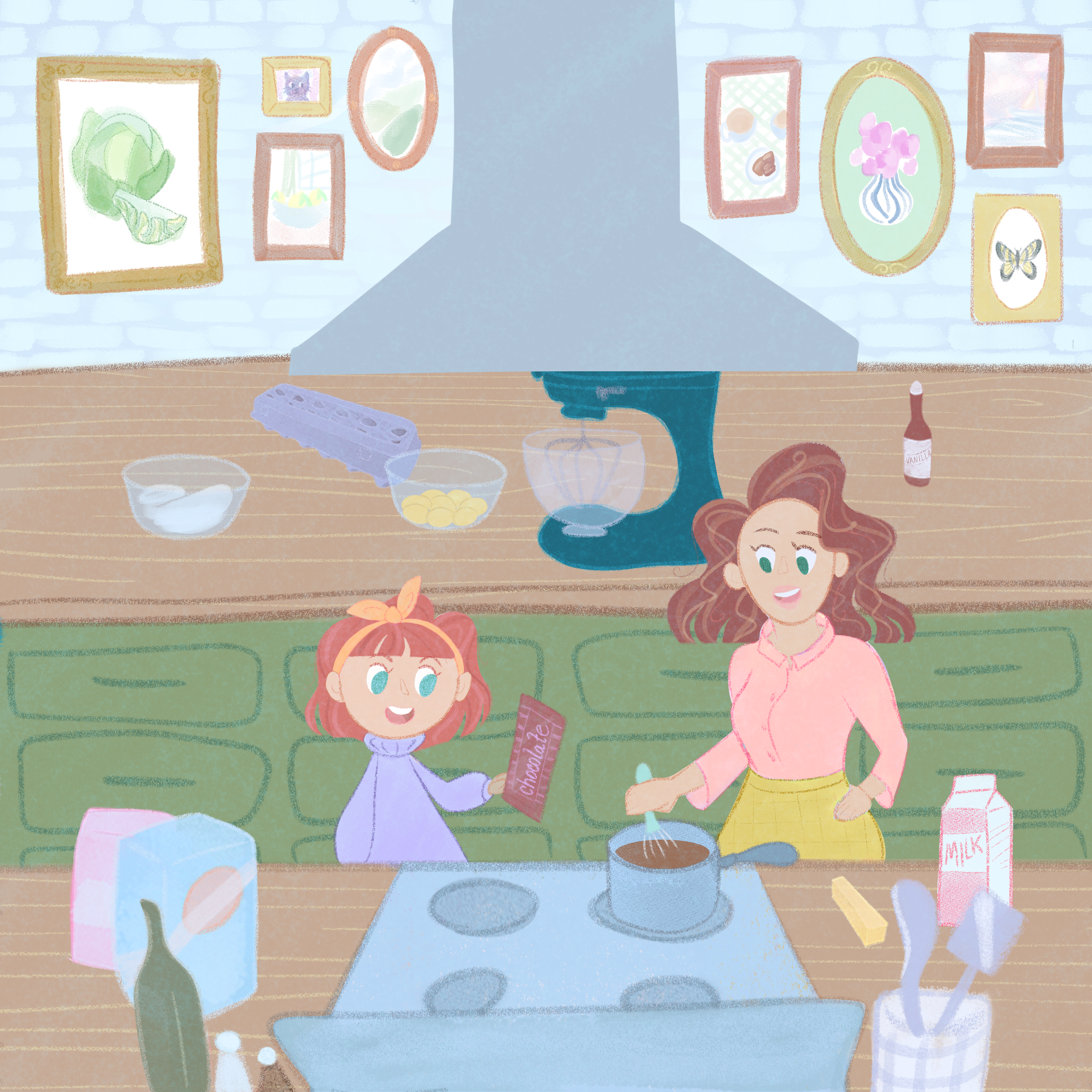 Children baking in a kitchen, with one girl pouring ingredients into a bowl and another girl holding a packet labeled 'Chocolate'.
