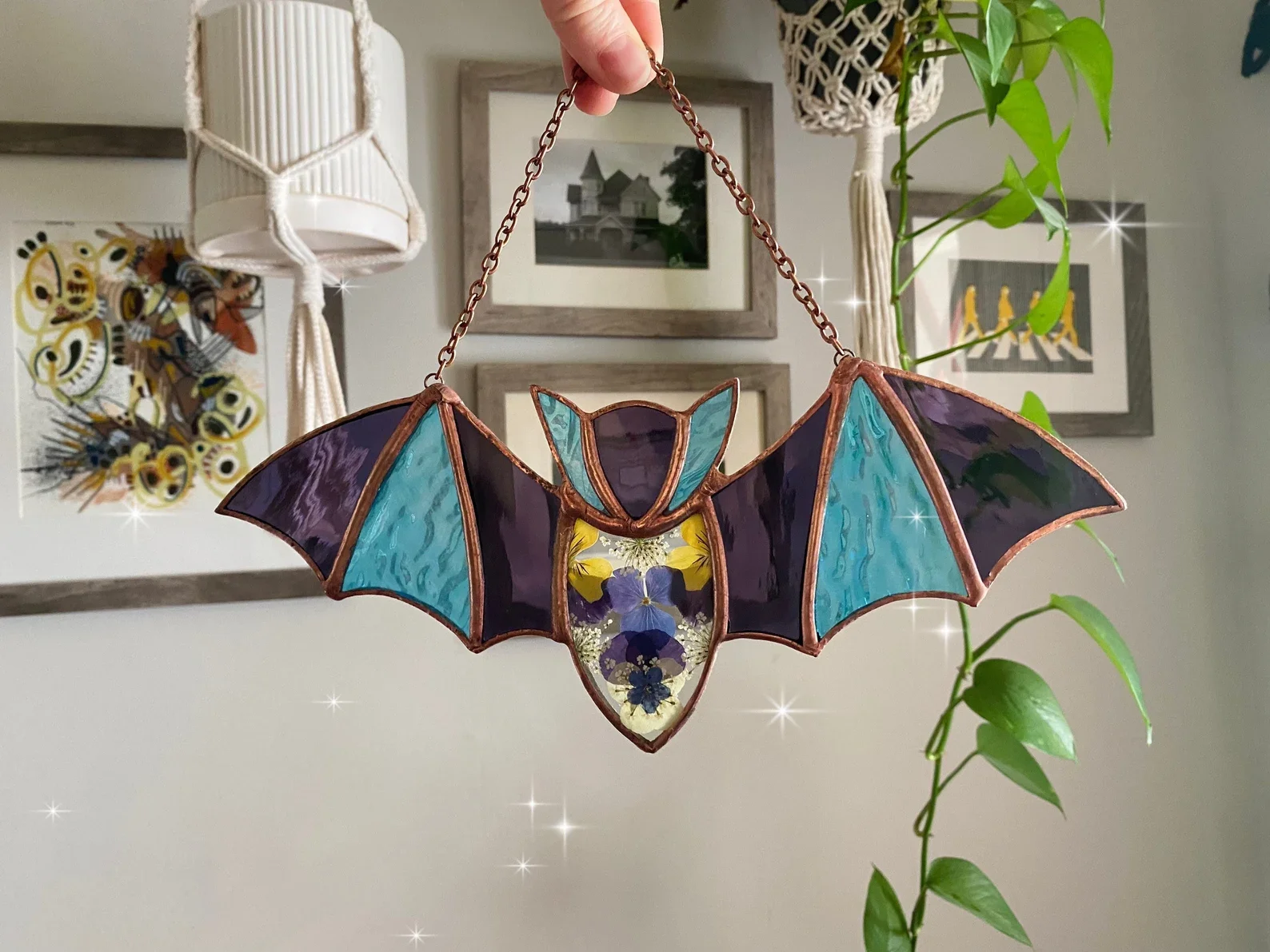 Stained Glass Bat Suncatcher: Pressed Daisy Flowers & Rustic Solder