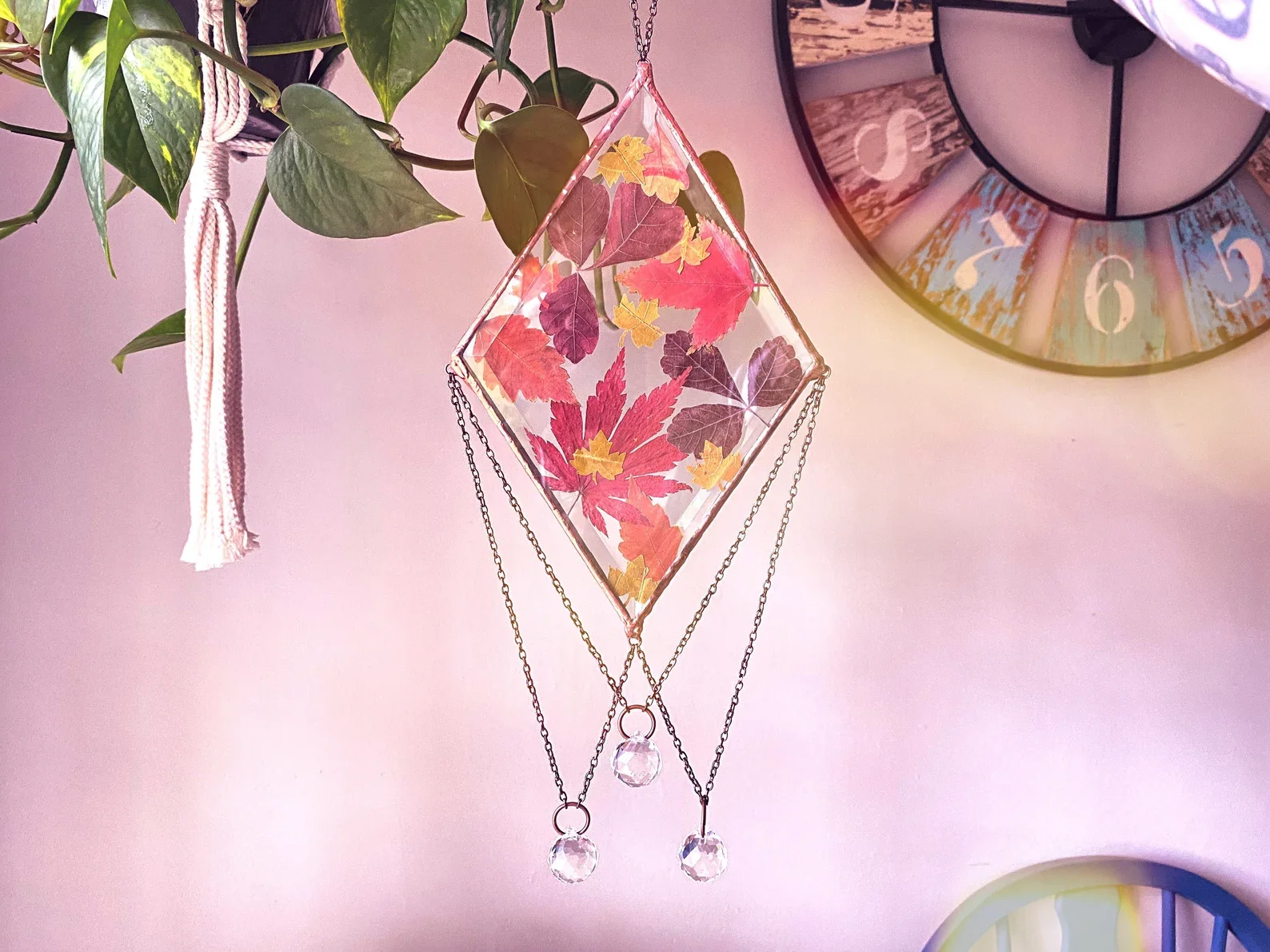 Pressed Flower Diamond Suncatcher Beveled Glass Sun Chime Crystals
