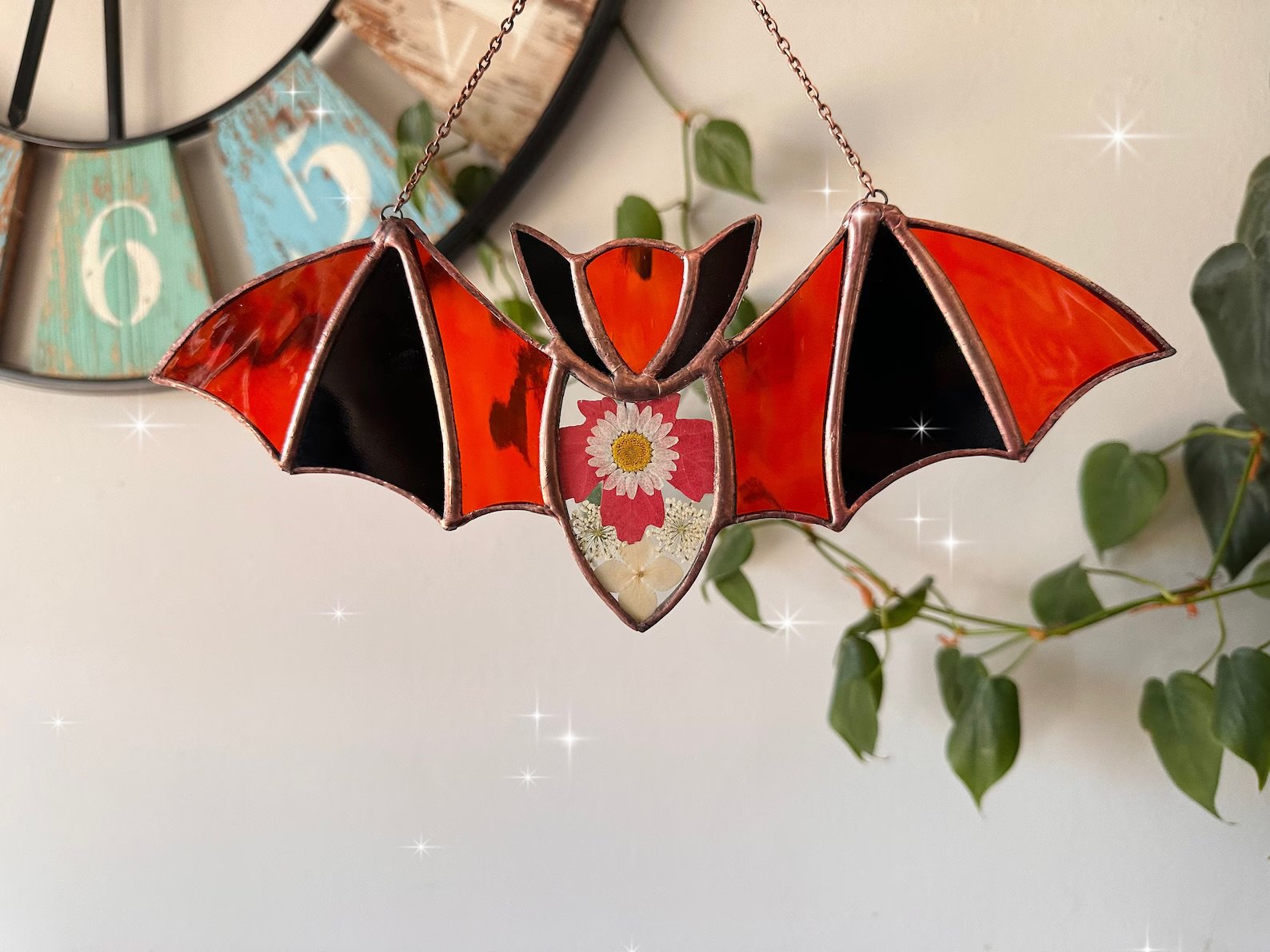 Stained Glass Bat Suncatcher Pressed Daisy Flowers and Rustic Solder