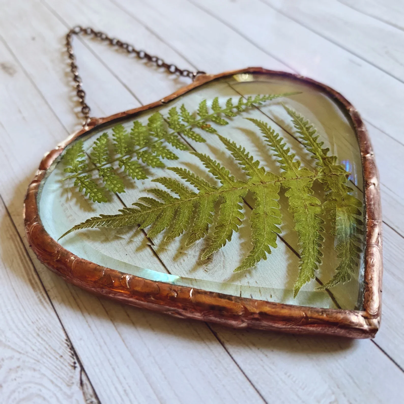 Heart Shaped Pressed Fern Glass Ornament Vintage Copper Solder