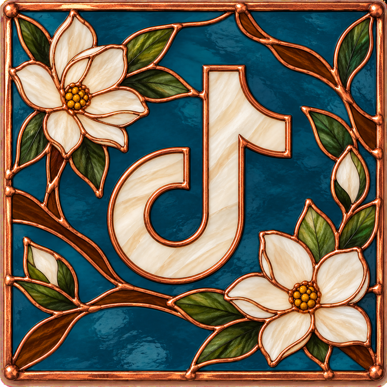 Stained glass design featuring the TikTok logo surrounded by white flowers with yellow centers and green leaves on a blue background.